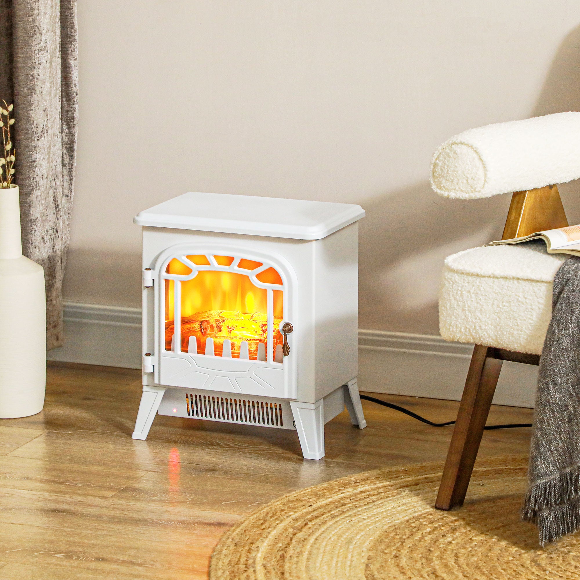HOMCOM Freestanding Electric Fireplace Stove Heater with Overheat Protection and Realistic Flame Effect, 750W/1500W, White