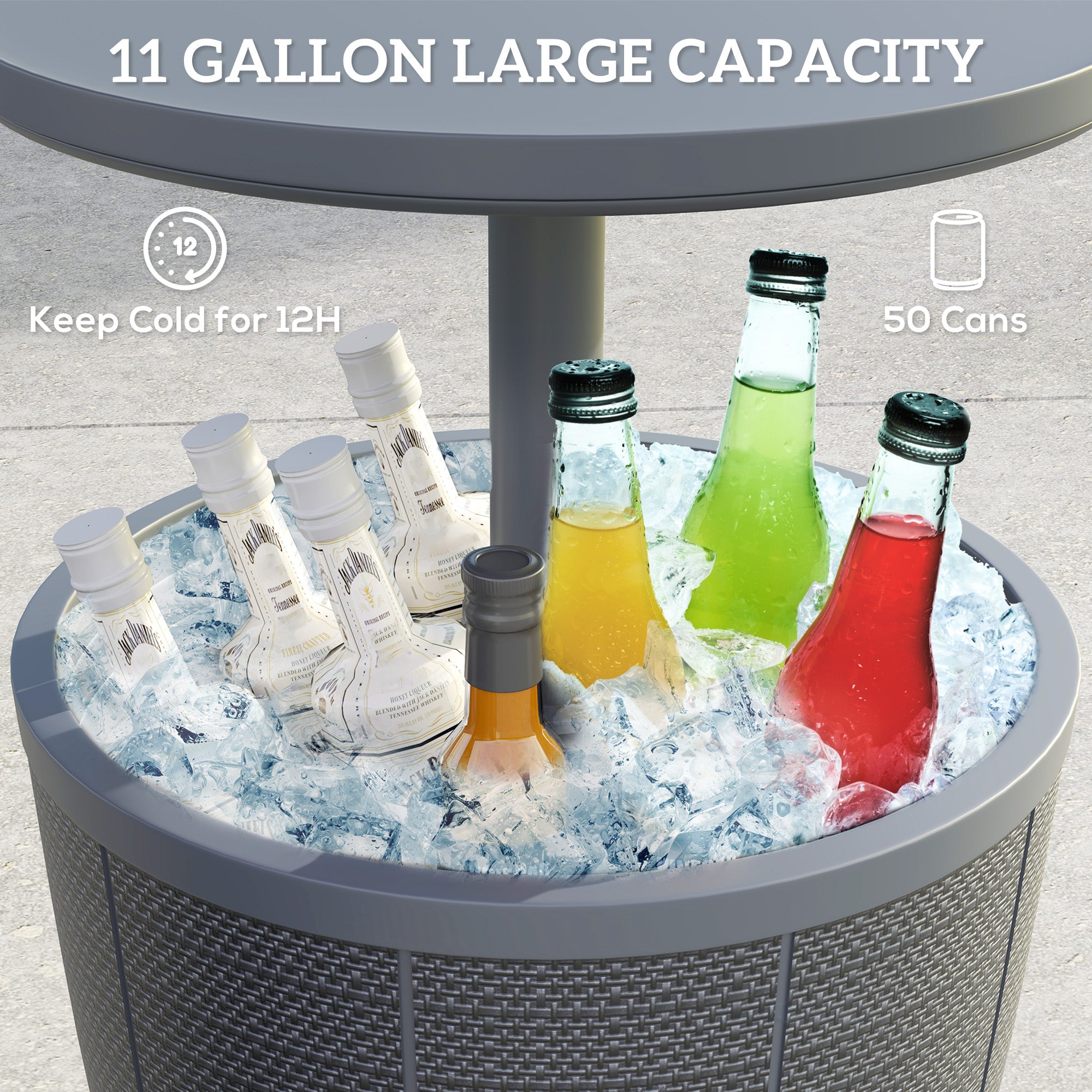 Outsunny 11 Gallon Patio Cooler Side Table, 3-in-1 Outdoor Cool Bar Table with Height Adjustable Top, Drainage Plug, Grey