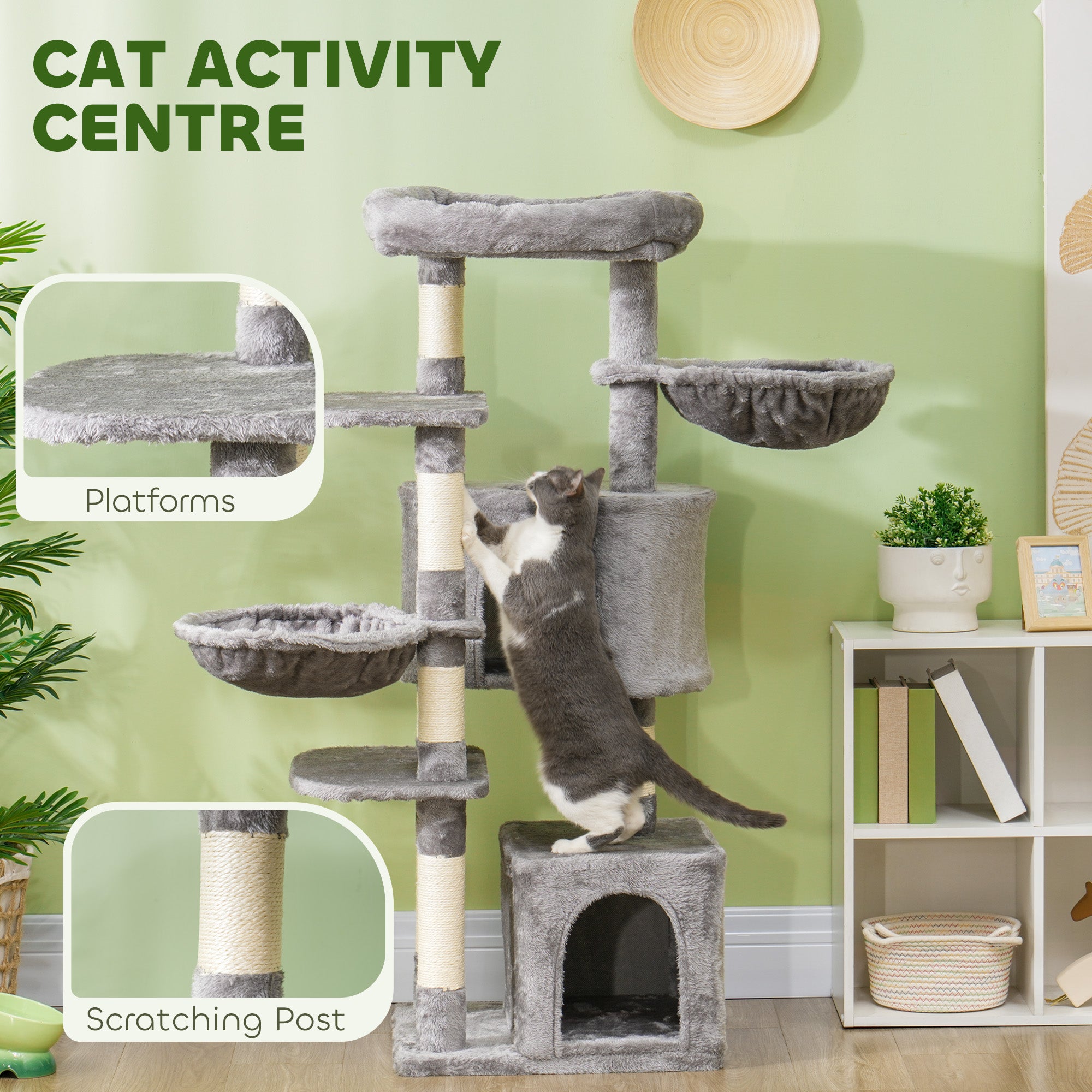 PawHut 52.5" Cat Tree Tower with Scratching Posts, Cat Condos, Bed, Platforms, Hammocks, for Indoor Cats, Grey