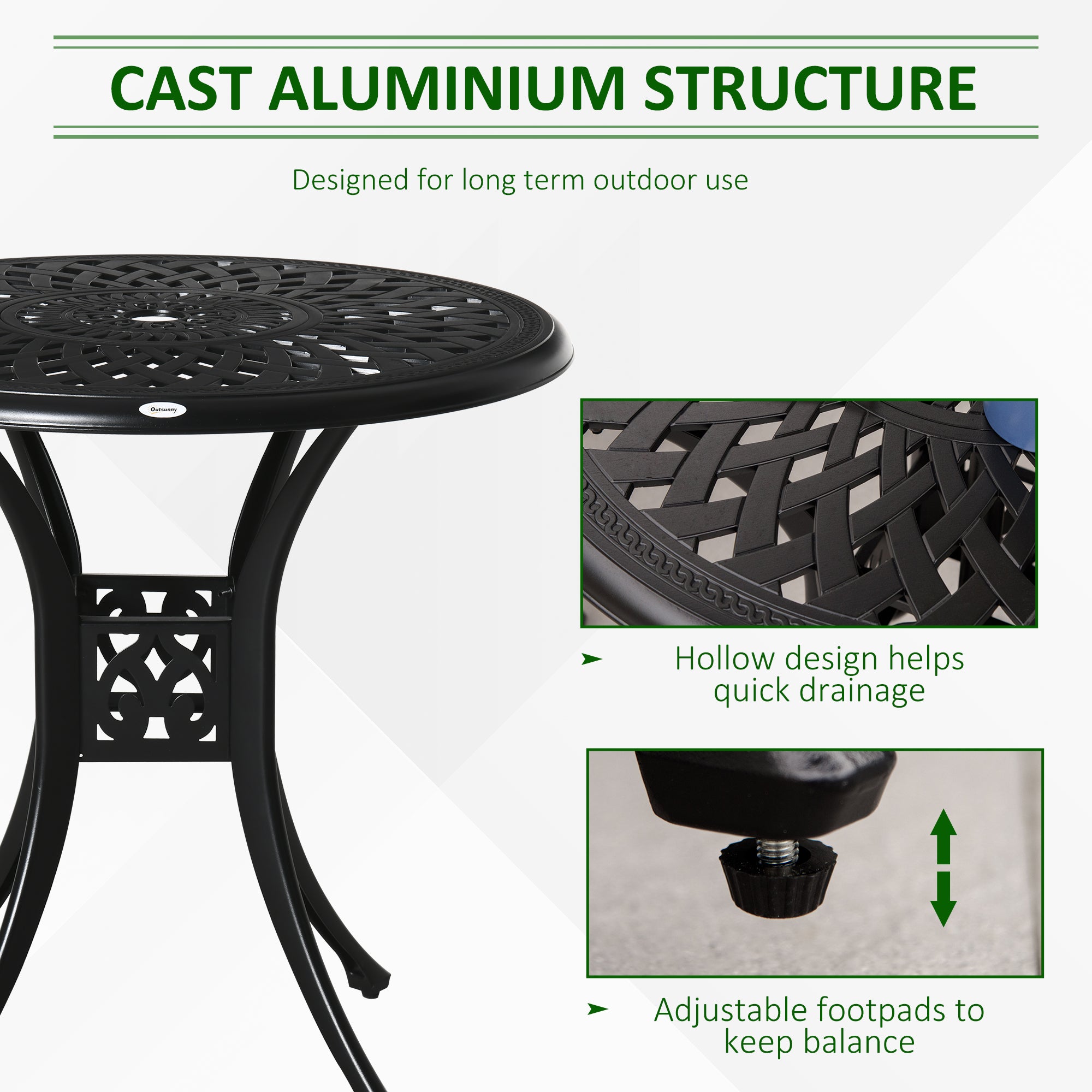 Outsunny 30-inch Round Patio Dining Table with Umbrella Hole Antique Cast Aluminium Outdoor Bistro Table, Black