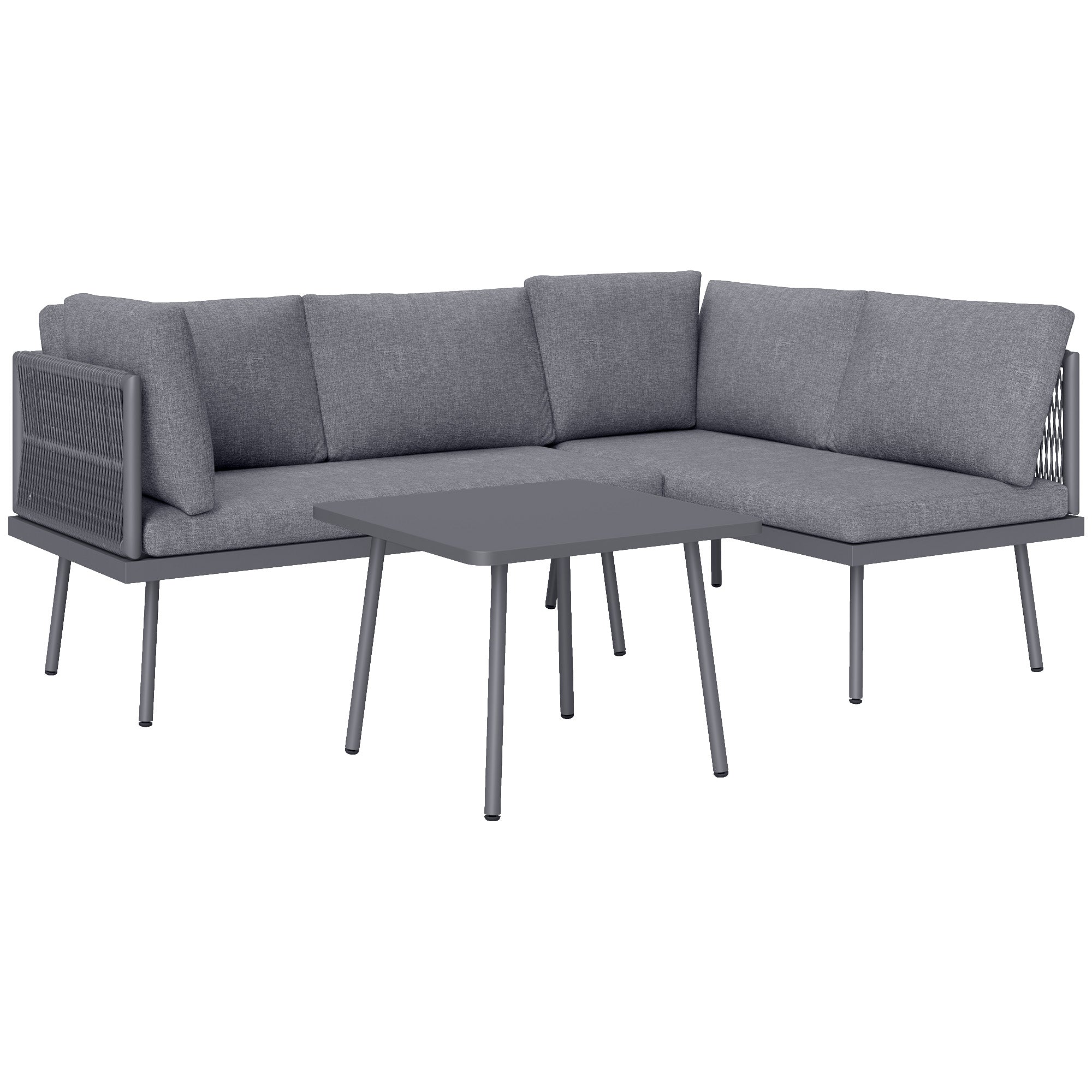 Outsunny 3 Pieces Outdoor Furniture Set, L Shaped Wicker Patio Furniture Conversation Set with Cushions, Steel Table, Grey