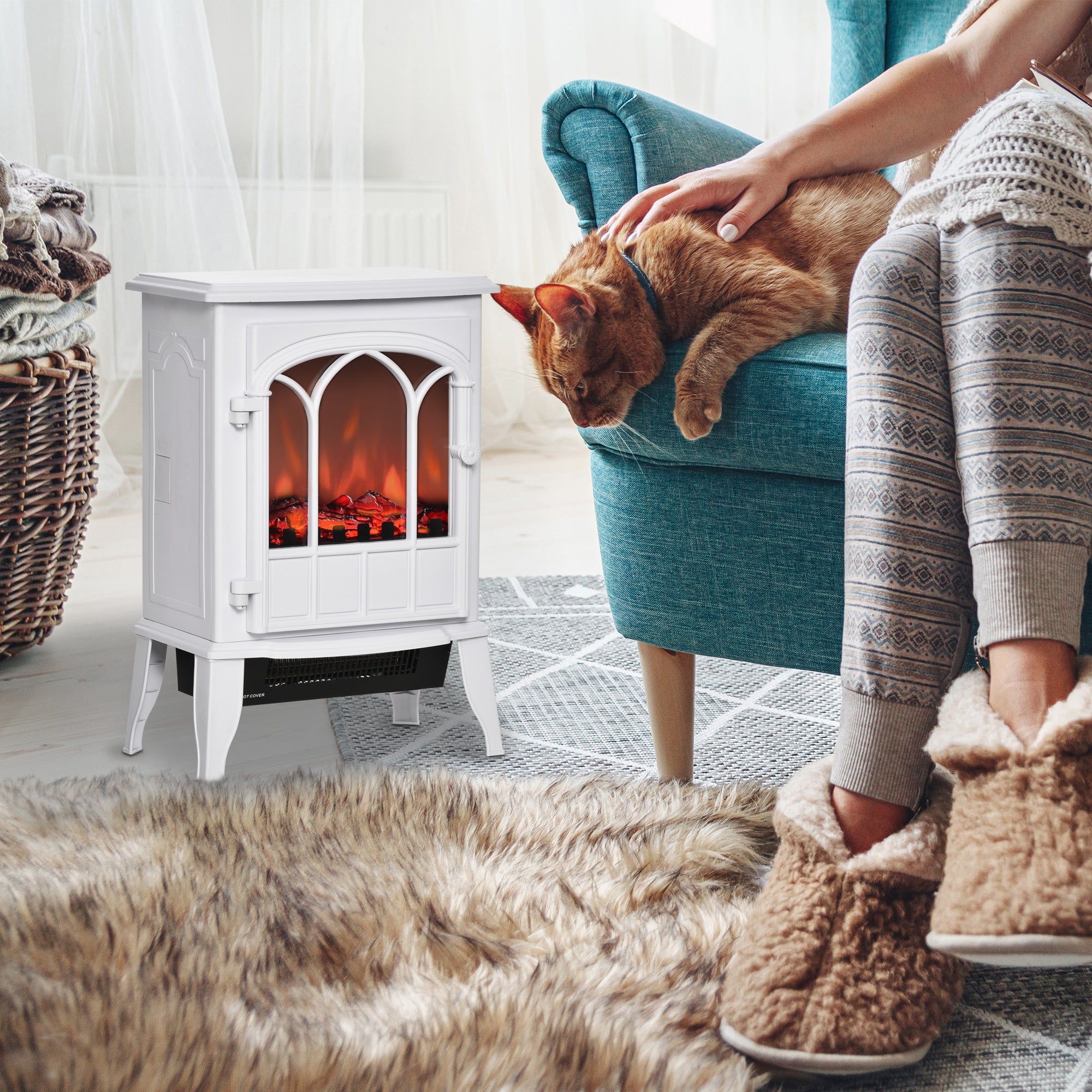 HOMCOM Electric Fireplace Stove, Freestanding Fireplace Heater with Realistic Flame, Adjustable brightness, Overheating Safety System, White