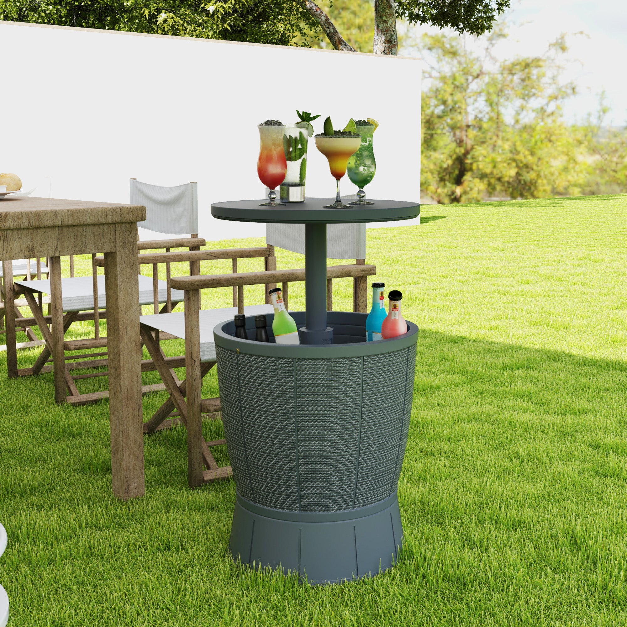 Outsunny 11 Gallon Patio Cooler Side Table, 3-in-1 Outdoor Cool Bar Table with Height Adjustable Top, Drainage Plug, Grey