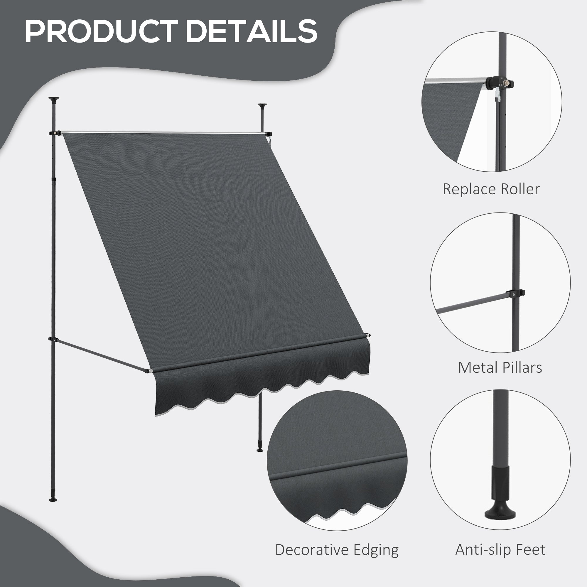 Outsunny 6.5' x 4' Manual Retractable Awning, Non-Screw Freestanding Patio Awning, UV Resistant, for Window or Door, Dark Grey