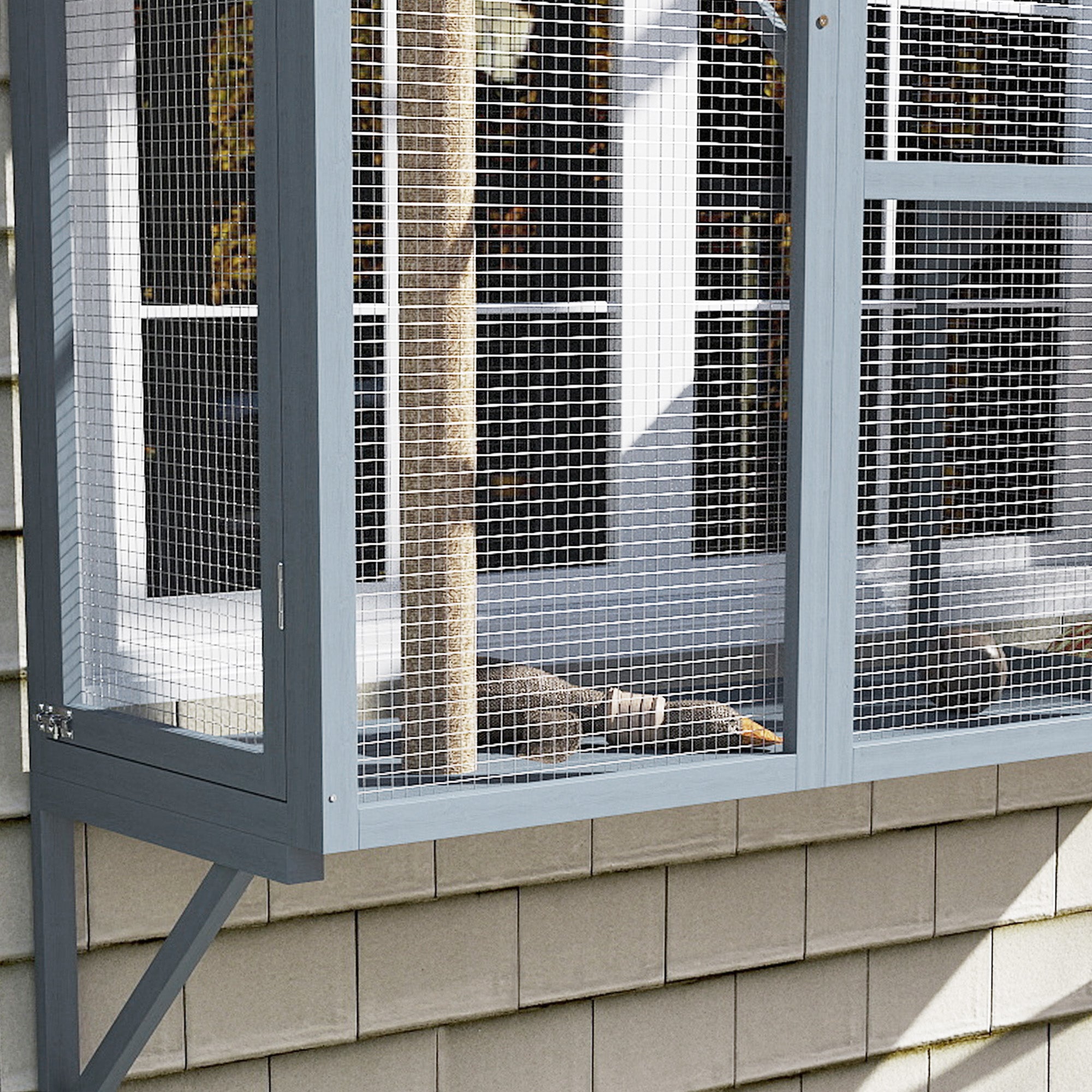 PawHut Wooden Catio Outdoor, Cat Window Box Enclosure for 2-3 Large Cats with 2 Jumping Platforms & Scratching Post, Grey