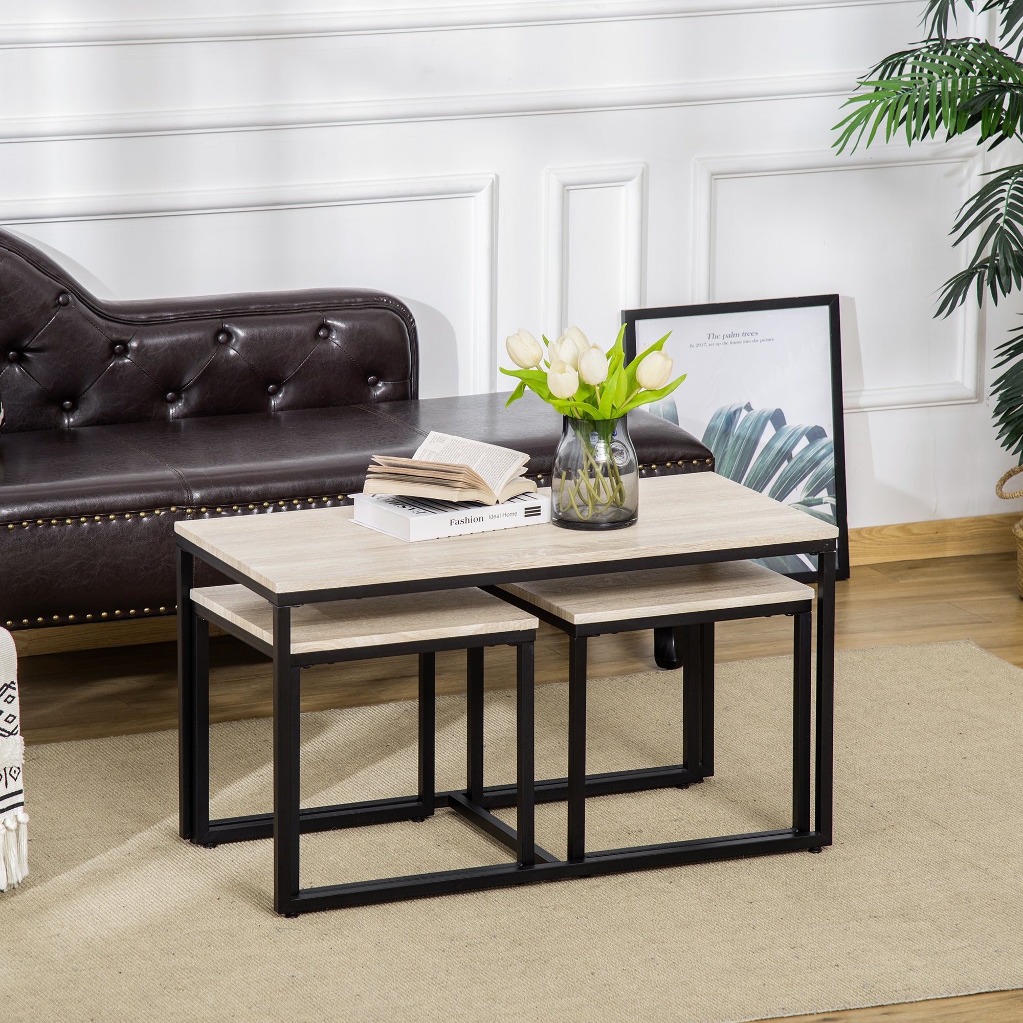 HOMCOM Nesting Coffee Table Set of 3, Modern End Tables with Black Metal Frame for Living Room Home Furniture, Natural