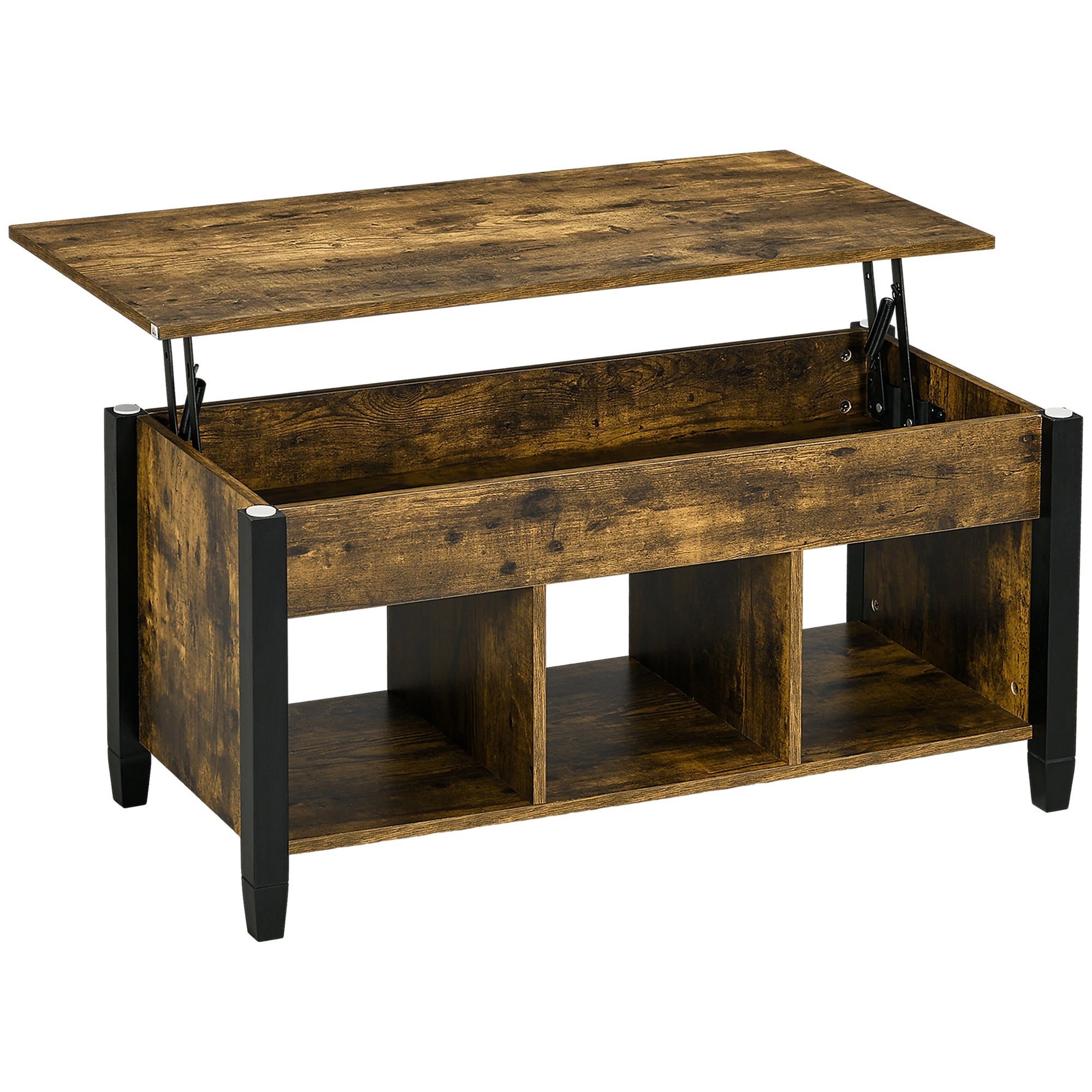 HOMCOM Lift Top Coffee Table with Hidden Storage Compartment and 3 Lower Shelves, Pop-Up Center Table for Living Room, Rustic Brown