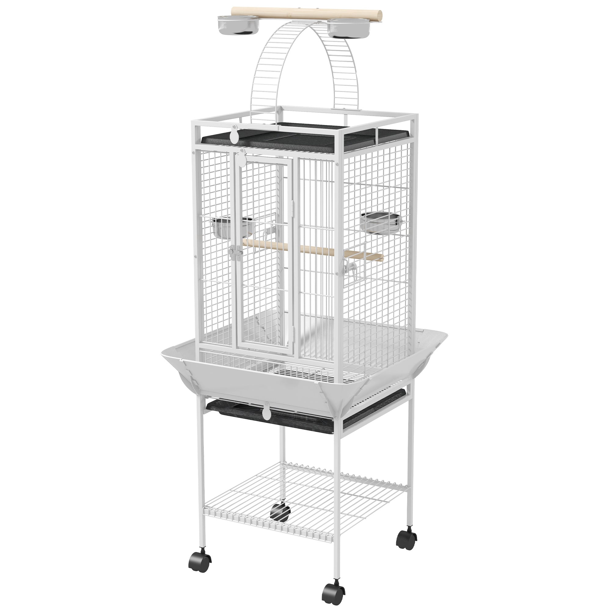 PawHut 61.5 Inch Bird Cage Parakeet House for Cockatiel with Stand, Pull Out Tray, Play Top, Storage Shelf, Wood Perch, Food Container