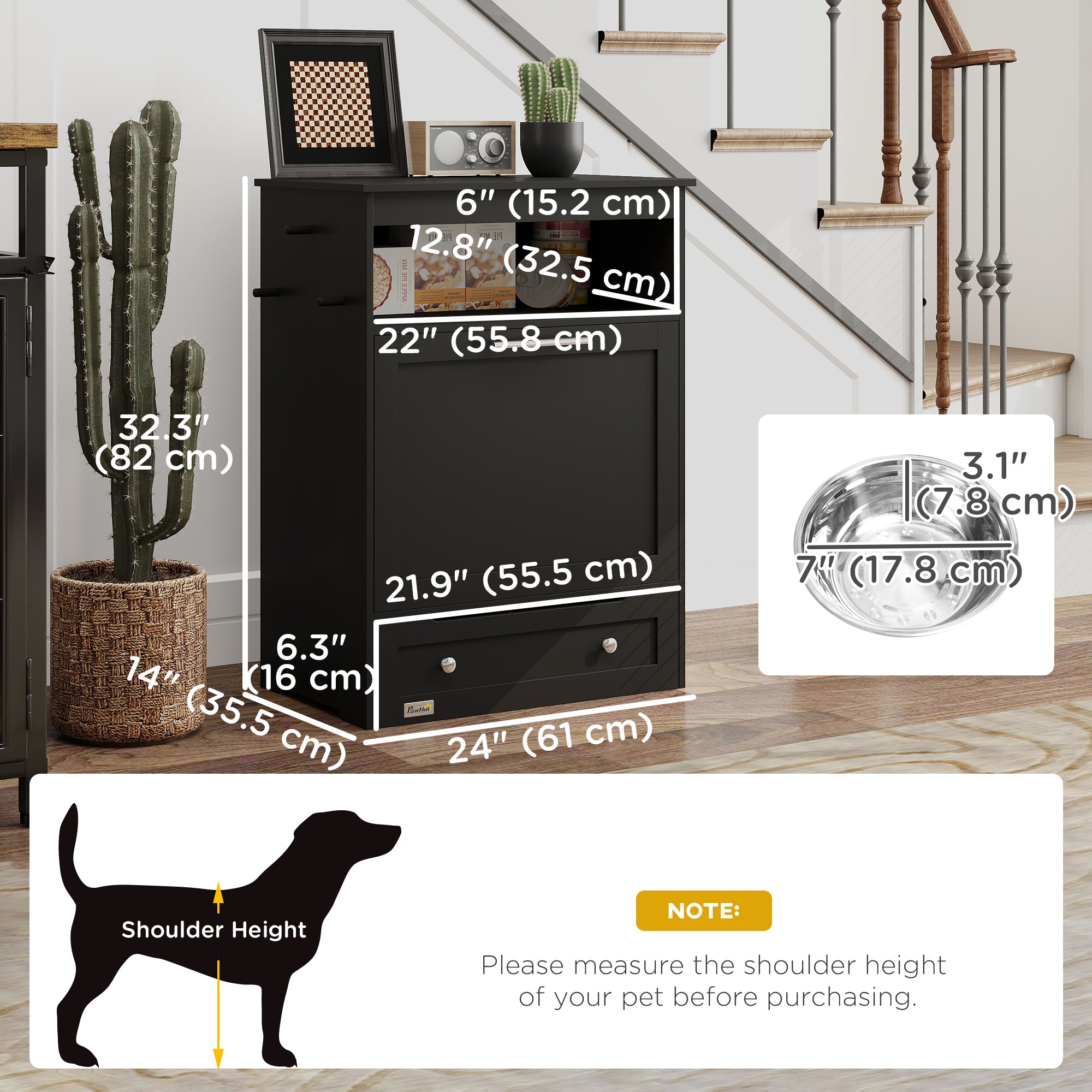 PawHut Pet Feeder Station Storage Cabinet, Dog Food Storage Container with Dog Raised Bowls, Watering Supplies, Black