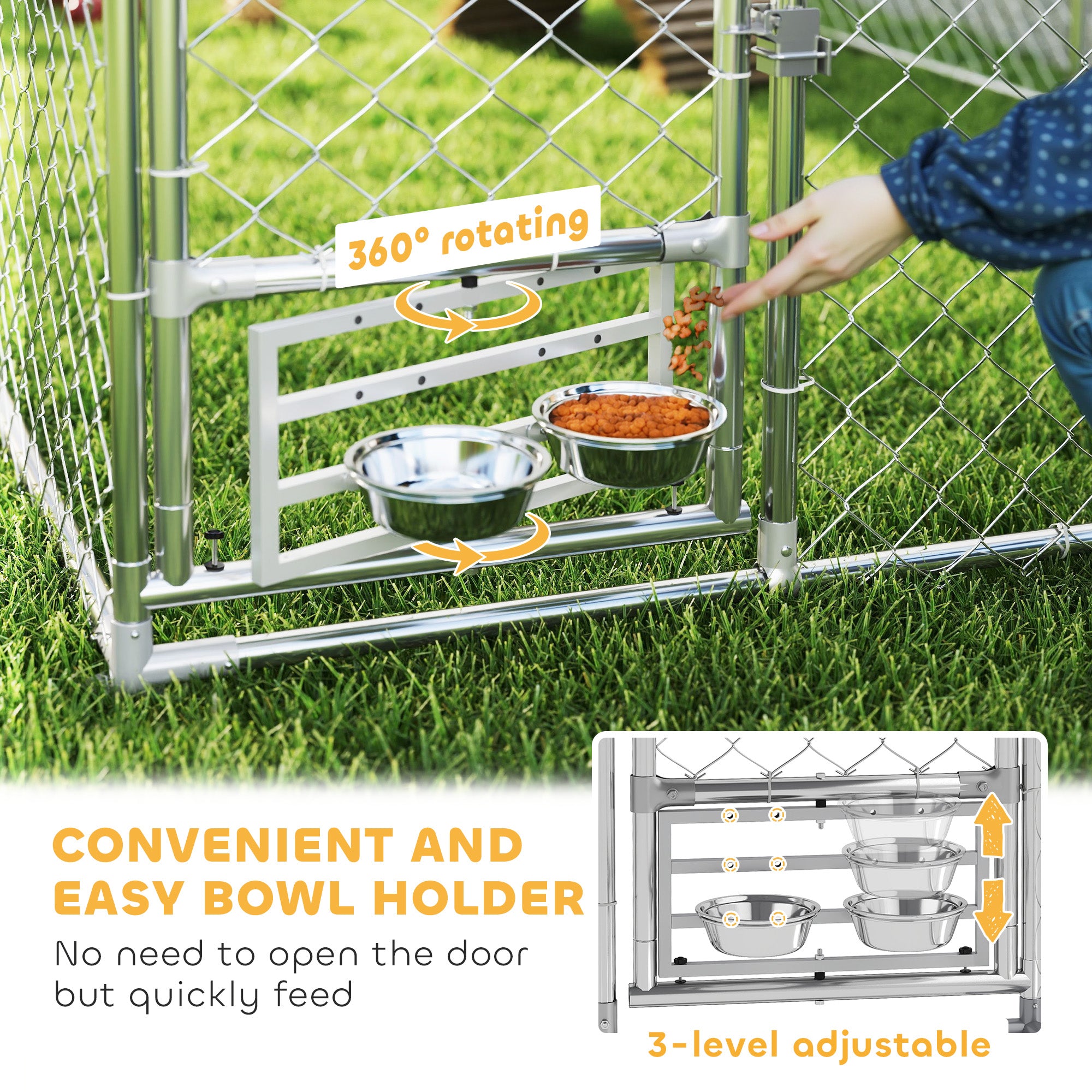 PawHut Outdoor Dog Run w/ Adjustable & Rotating Bowls, Waterproof UV-Resistant Cover, Secure Lock, 6.6' x 6.6' x 5.1'