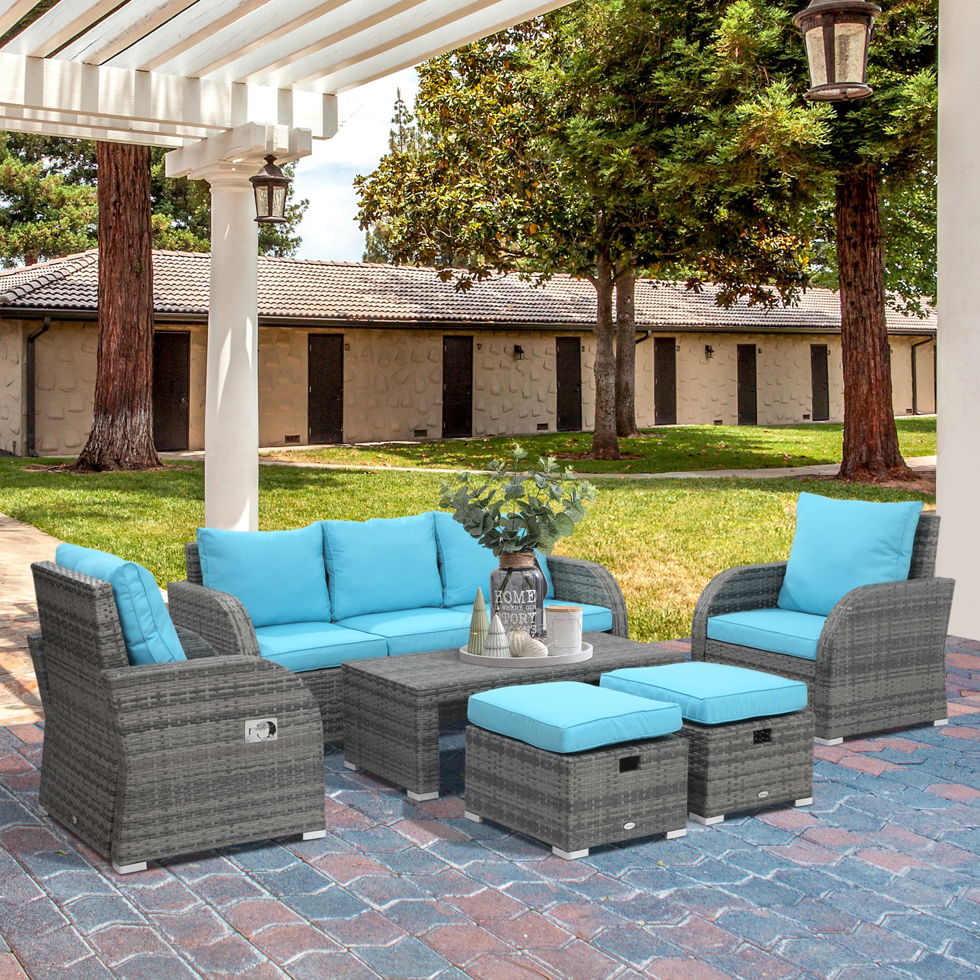 Outsunny 6 Pieces Patio Furniture Set, Conversation Set Wicker Sectional Set Cushioned Outdoor Rattan 3-Seat Sofa, 2 Adjustable Recliners, 2 Footstools & Table Set for Lawn Garden Backyard, Sky Blue