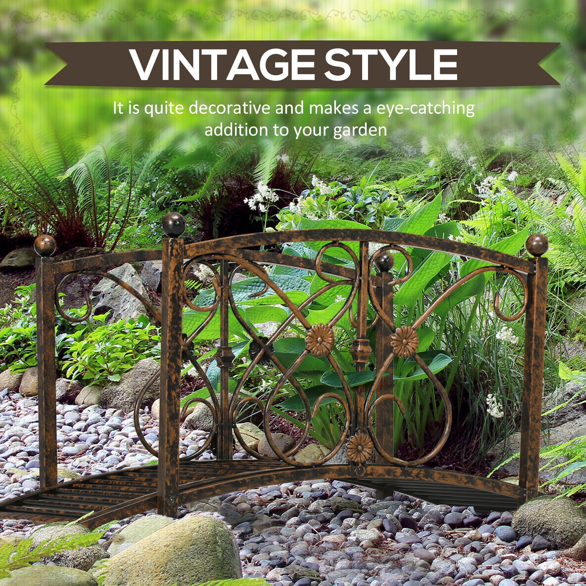 Outsunny Garden Bridge 3.3FT, Decorative Classic Backyard Pond Bridge with Safety Railings Brown