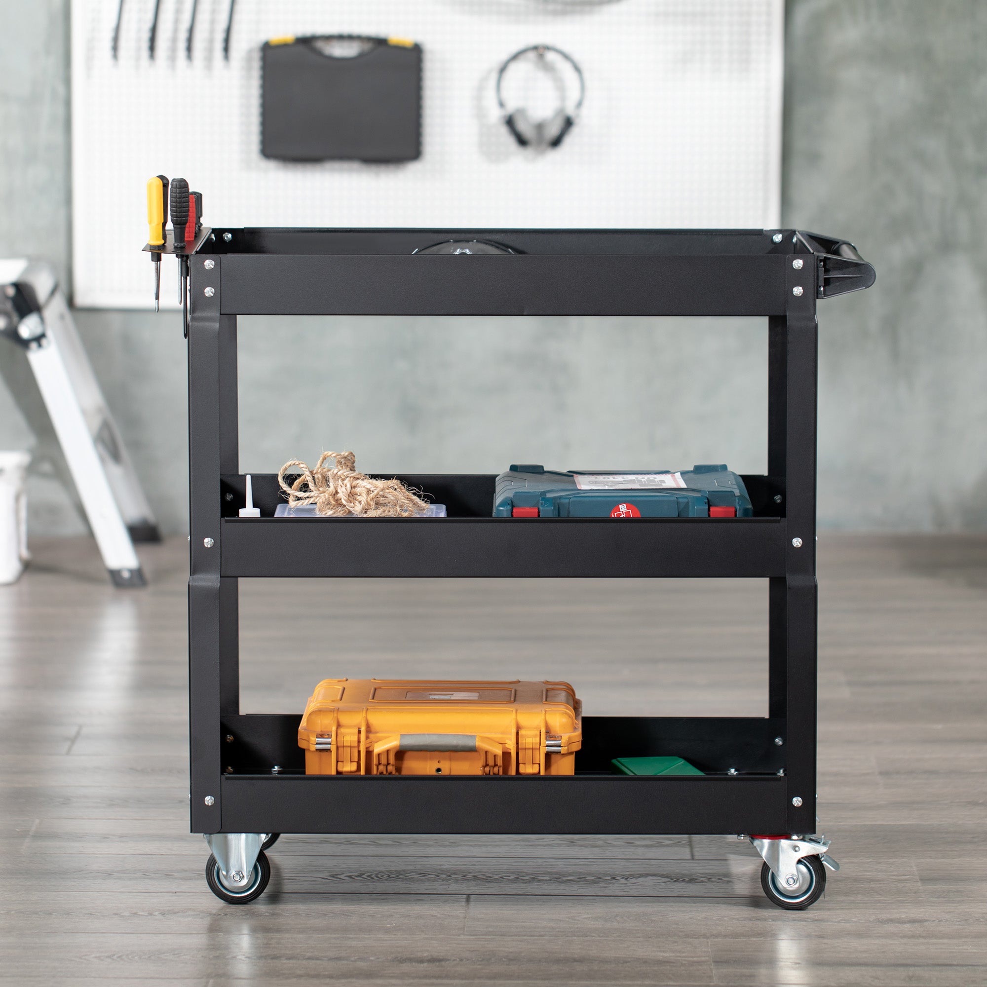 DURHAND 3 Tier Rolling Tool Cart with Wheels, 330 LBS Capacity Heavy Duty Utility Cart, Steel Mobile Service Cart for Garage, Mechanics and Warehouse, Black