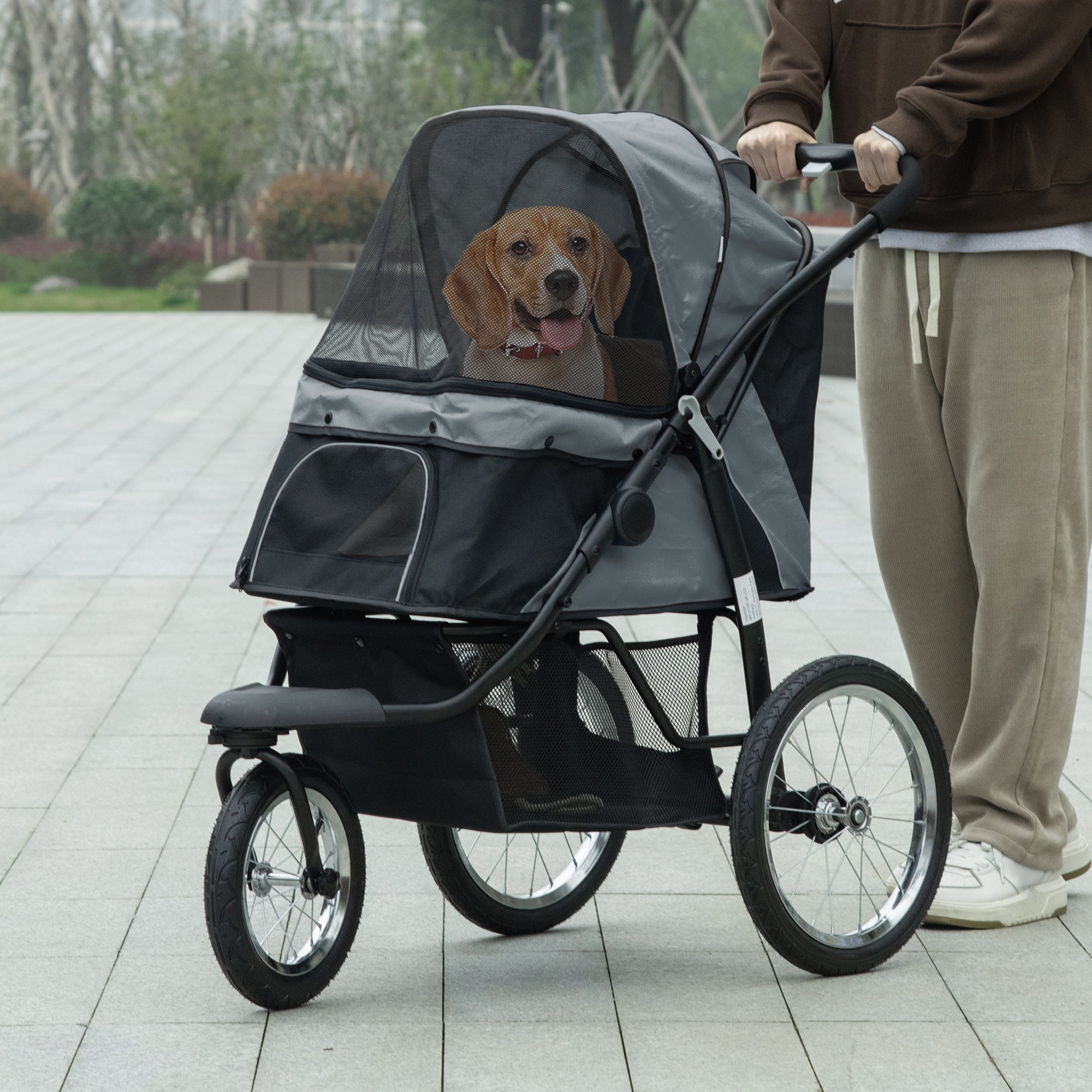 PawHut 3 Big Wheels Pet Stroller for Small, Medium Dogs, Cat Stroller Travel Folding Carrier with Adjustable Canopy, Black