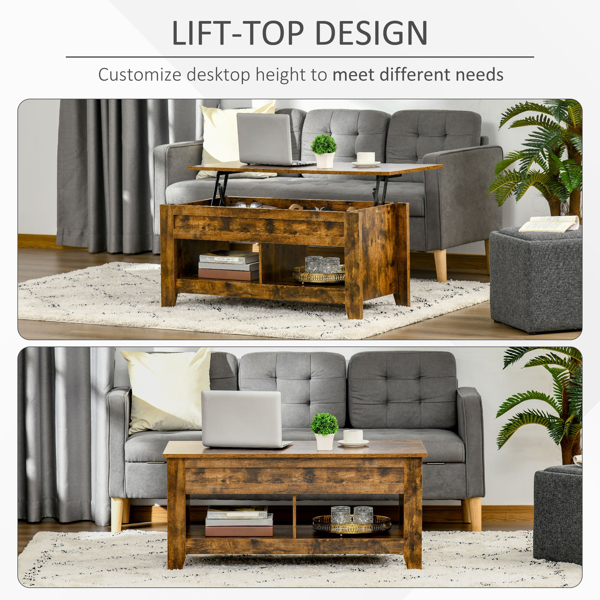 HOMCOM Lift Top Coffee Table with Hidden Storage Compartment and Open Shelves, Lift Tabletop Pop-Up Center Table for Living Room, Brown