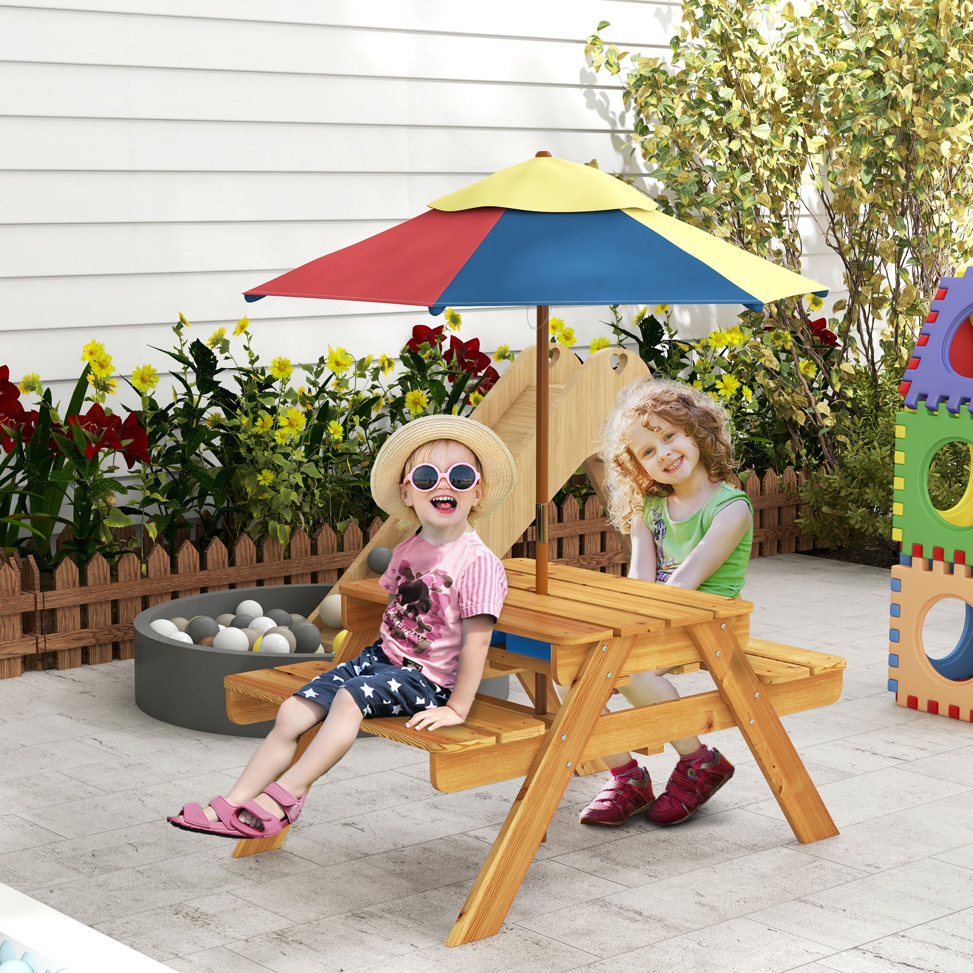 Outsunny Toddler Water Table Kids Sand & Water Table with Removable Foldable Umbrella for Patio Lawn Garden, Aged 3-6 Years Old