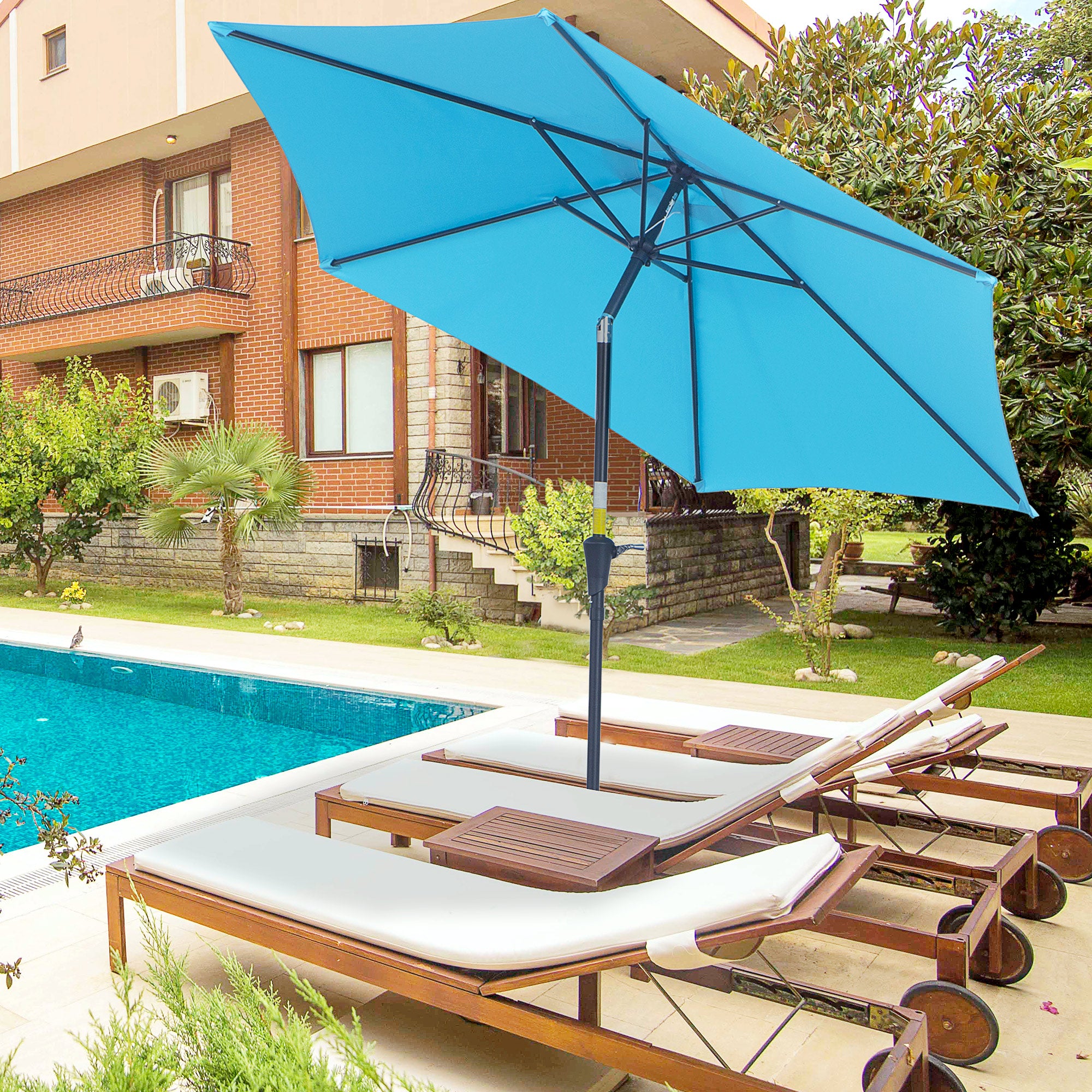 Outsunny 8.5' Round Aluminum Patio Umbrella Garden Parasol Market Sunshade Tilt Canopy w/ 6 Ribs, Crank Handle, Blue