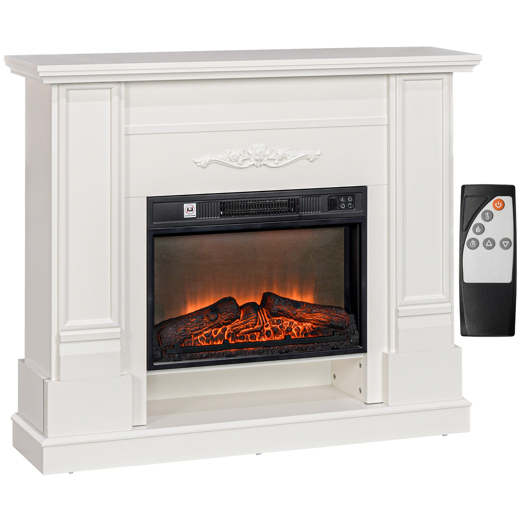 HOMCOM 46" Electric Fireplace with Mantel and Shelf, 1400W Fireplace Heater with Realistic Log and Flame Effect, White