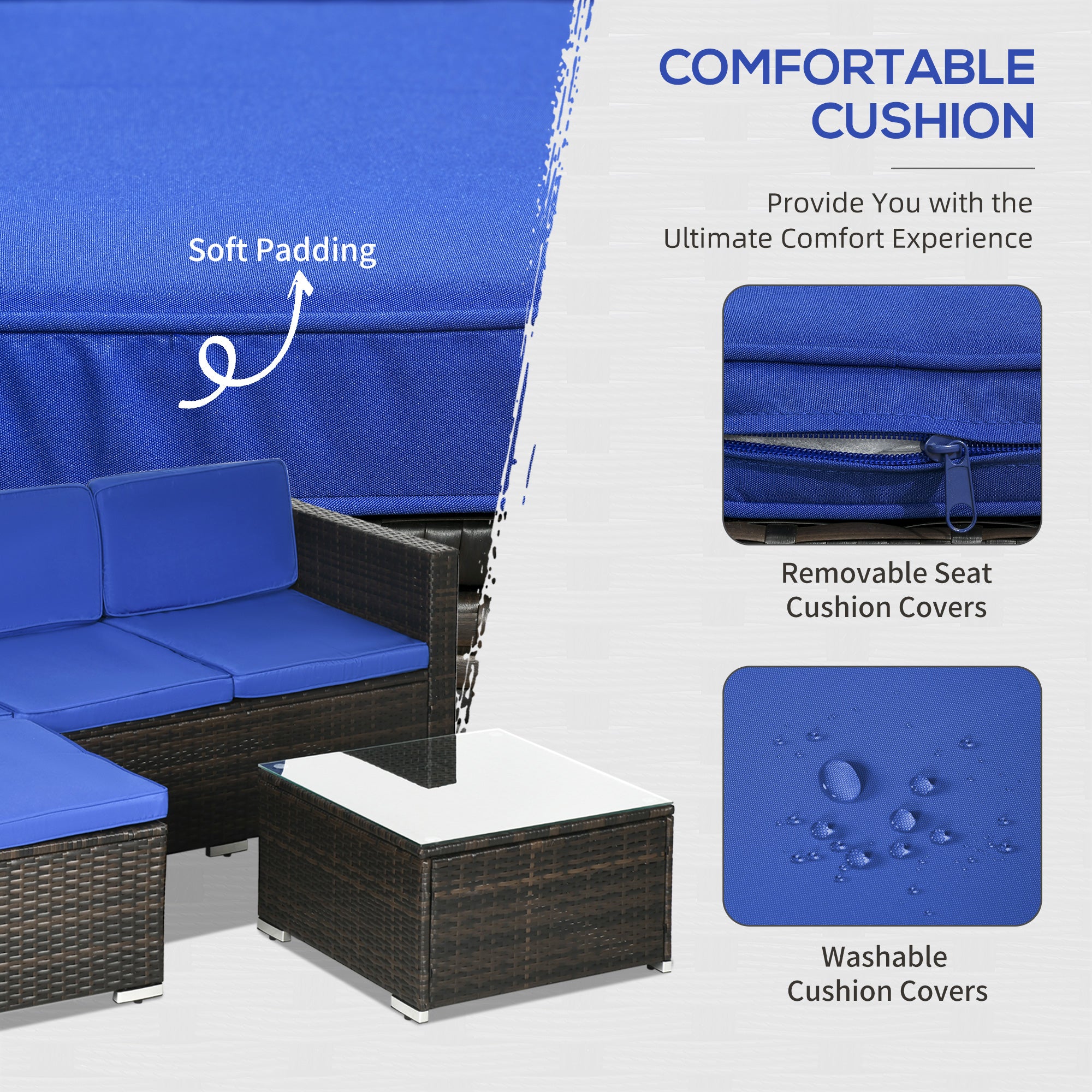 Outsunny 3 Pieces Patio Furniture Set with Cushions, Outdoor PE Rattan Wicker Conversation Corner Sofa Set with Glass Top Table and Adjustable Foot for Garden, Lawn, Blue