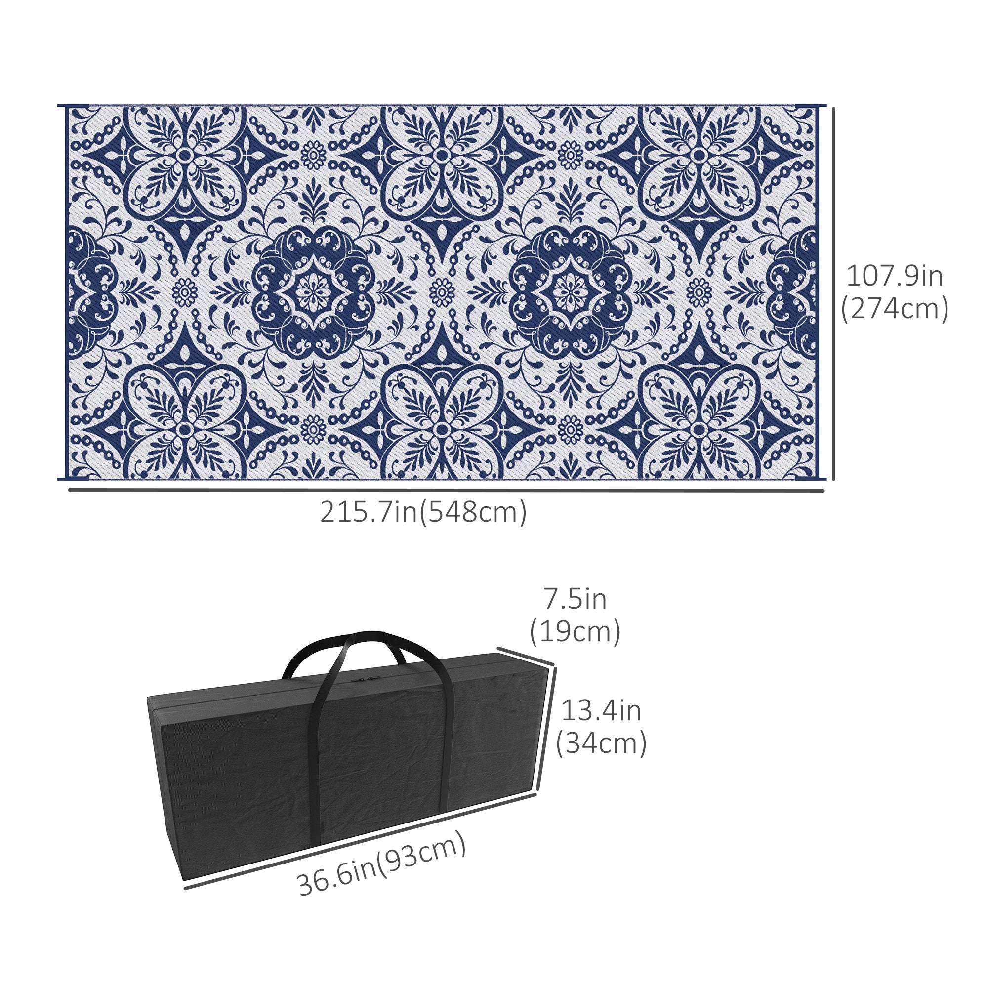 Outsunny Portable Outdoor Rug with Carry Bag, 9' x 18' Reversible Mat, Waterproof Plastic Straw RV Rug for Backyard, Deck, Picnic, Beach, Camping, Blue & White Flower