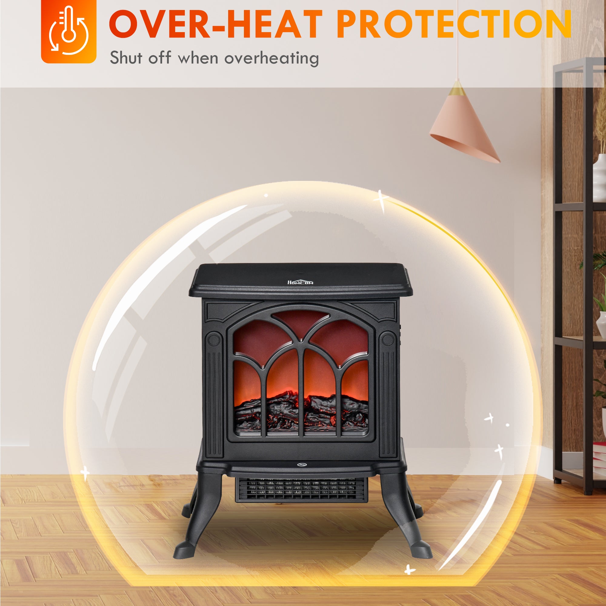 HOMCOM Electric Fireplace Heater, Freestanding Fireplace Stove with Realistic Flame, Overheat Protection, 750W/1500W, Black