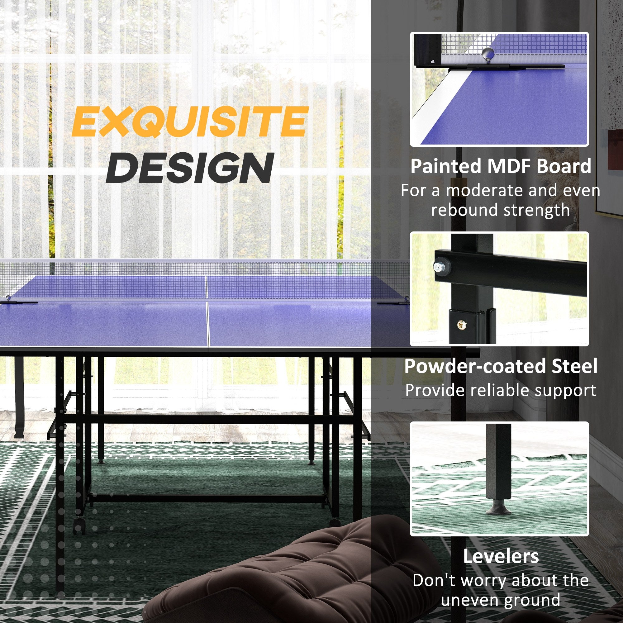 Soozier Full Size Table Tennis Table, Folding Ping Pong Table with Net, Paddles, Balls and Wheels, Blue
