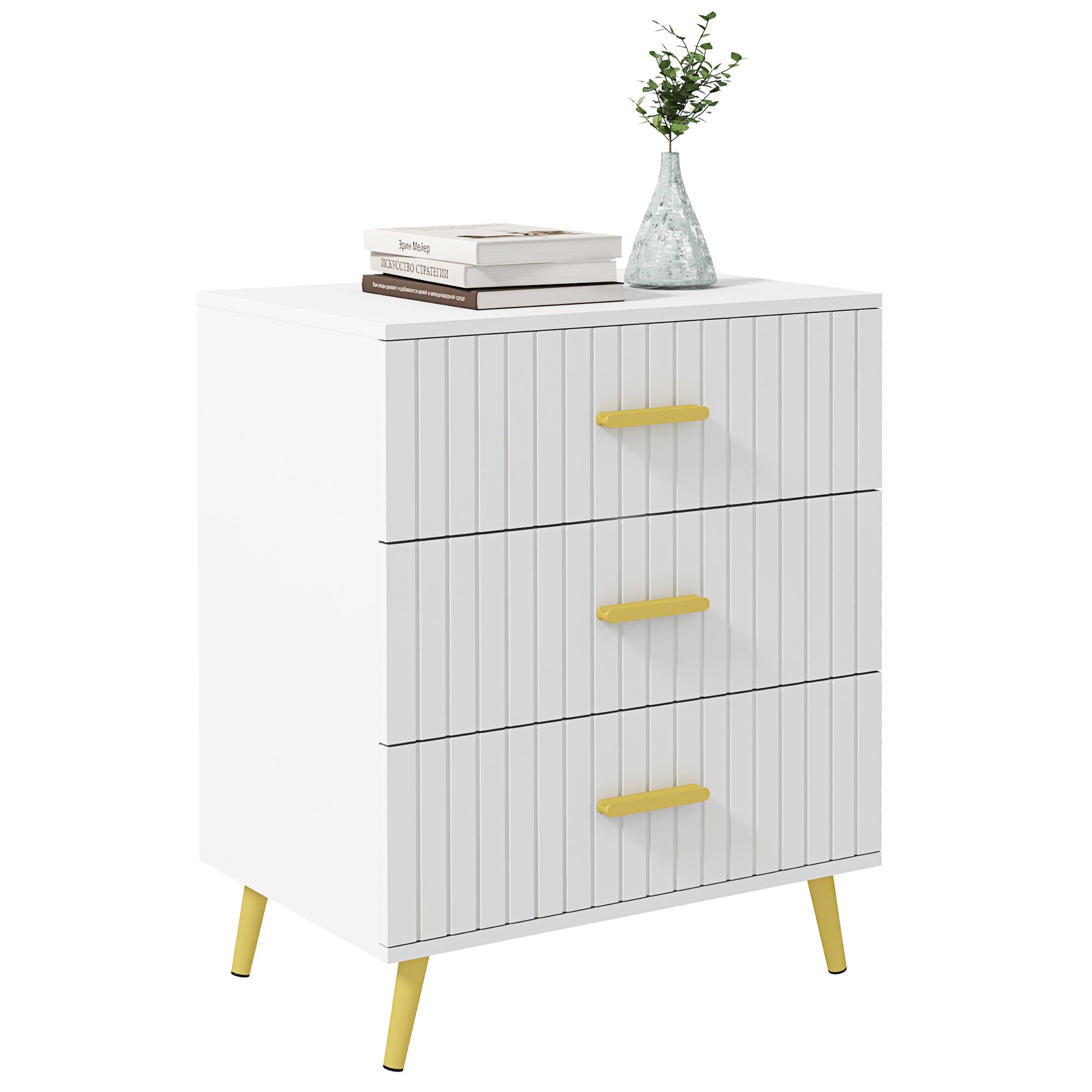 HOMCOM 3 Drawer Cabinet, Drawer Chest for Bedroom, Chest of Drawers with Aluminium Legs and Gold Handles, White