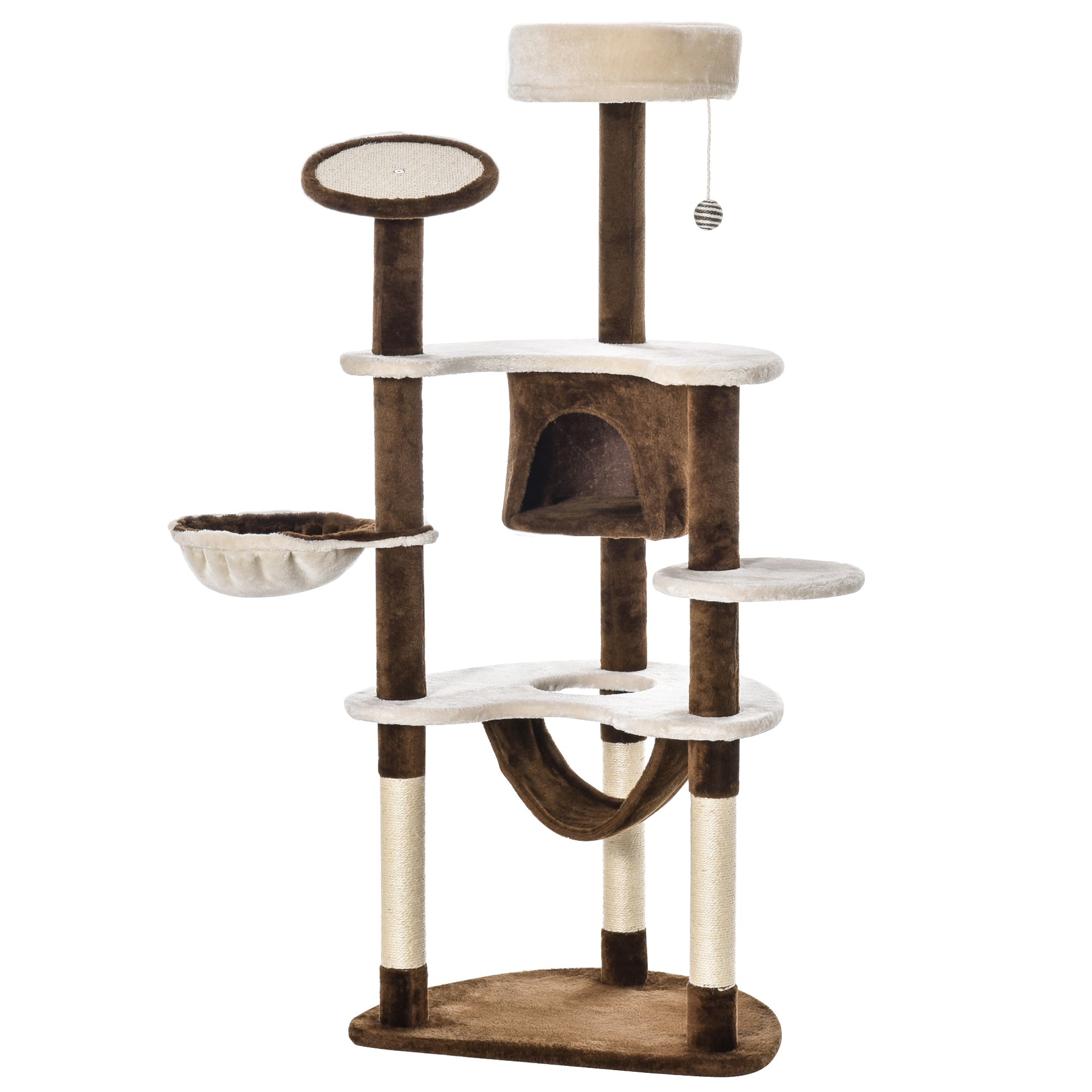 PawHut 60" Cat Scratching Tree, Cat Bed Condo Post House Pet Furniture Toys-Brown & Tan