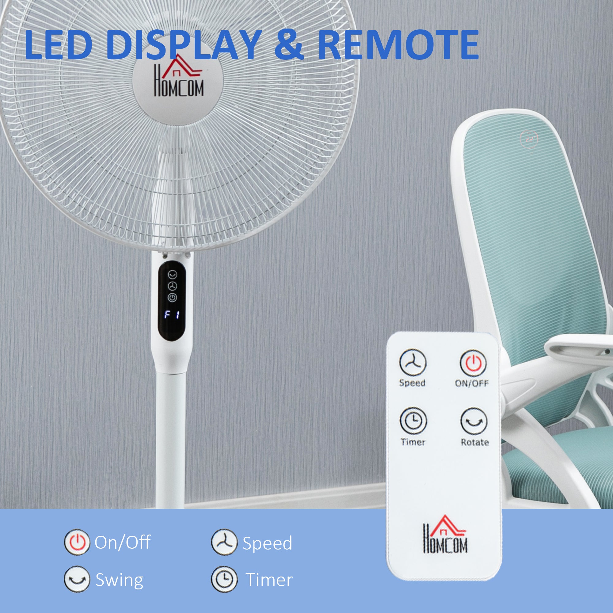 HOMCOM Floor Standing Fan with Remote Control, Oscillating, LED Screen, Stand Up Cooling Fan, Tall Pedestal Electric Fan for Home Bedroom, White