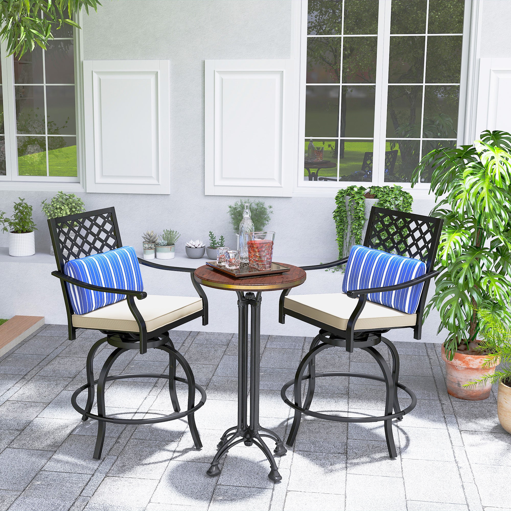 Outsunny Outdoor Bar Stools Set of 2, Bar Height Swivel Patio Chairs with Cushion, Pillow Footrest for Poolside, Backyard