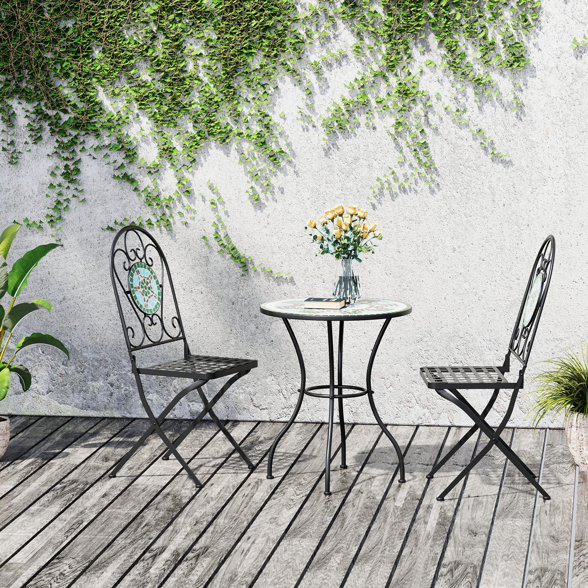 Outsunny 3 Piece Patio Bistro Set with Mosaic Design, Outdoor Dining Furniture Set for 2 with Folding Chairs, Green