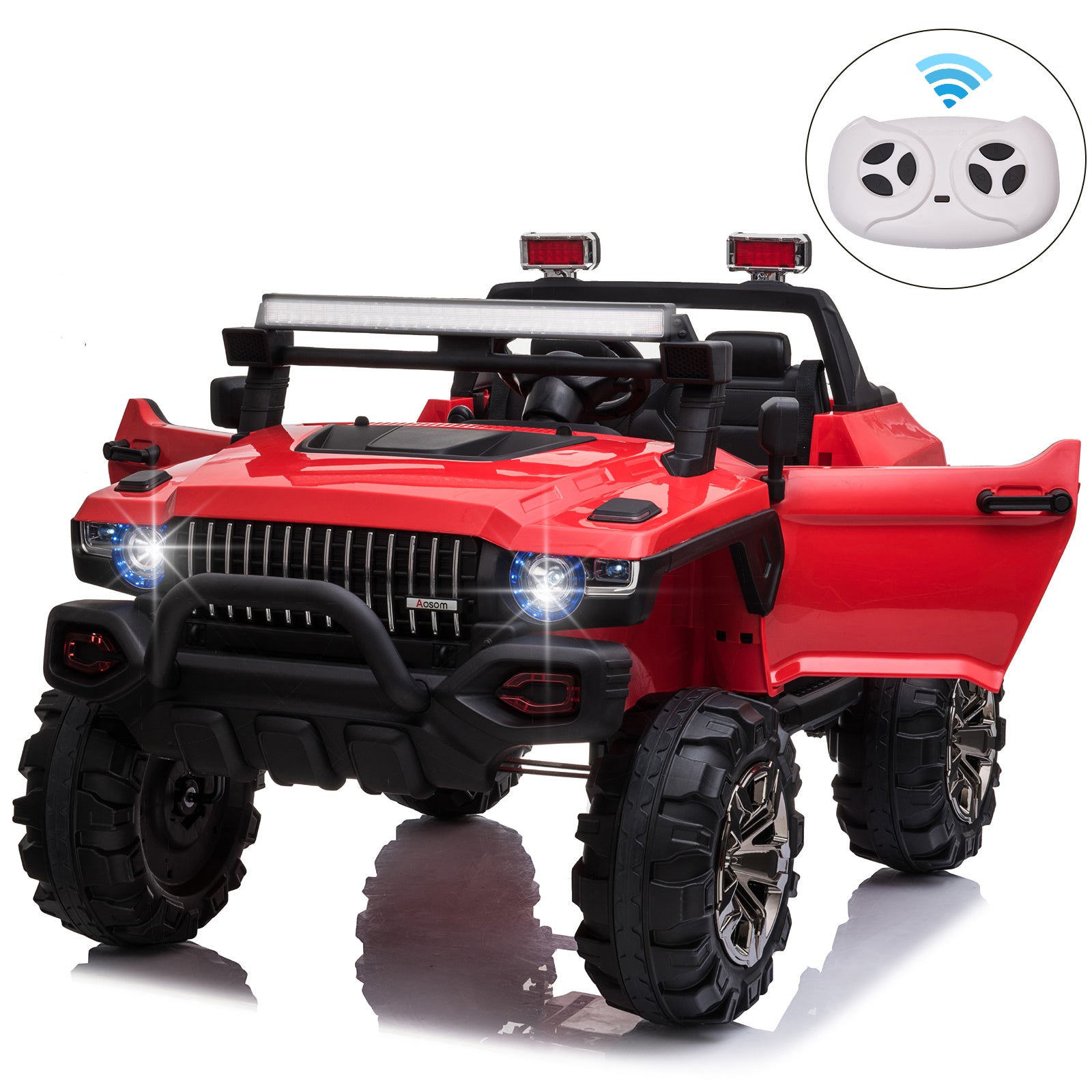 Aosom 2-Seater Kids Ride On Police Car, 12V 7AH Remote Control Police Truck Electric Car for Toddlers with LED Lights, Big Off-road Wheels, 4 Shock Absorbers, MP3, Storage, Red
