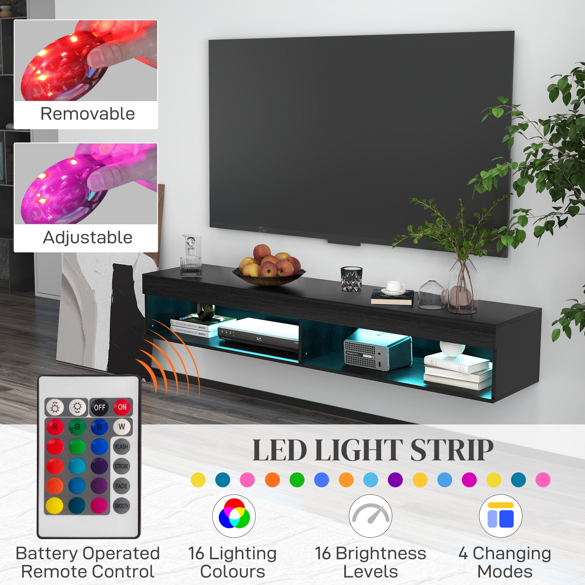 HOMCOM Modern Wall Mounted TV Stand with Storage and LED Lights for TVs up to 75", Floating TV Shelf for Living Room, Black