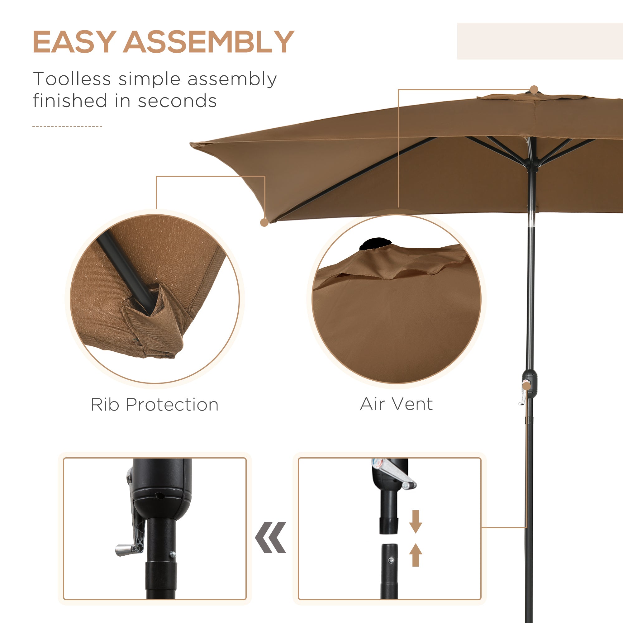 Outsunny 6.5x10ft Rectangle Aluminum Tilt Patio Umbrella, Garden Market Parasol, Outdoor Sunshade Canopy with Crank, Coffee