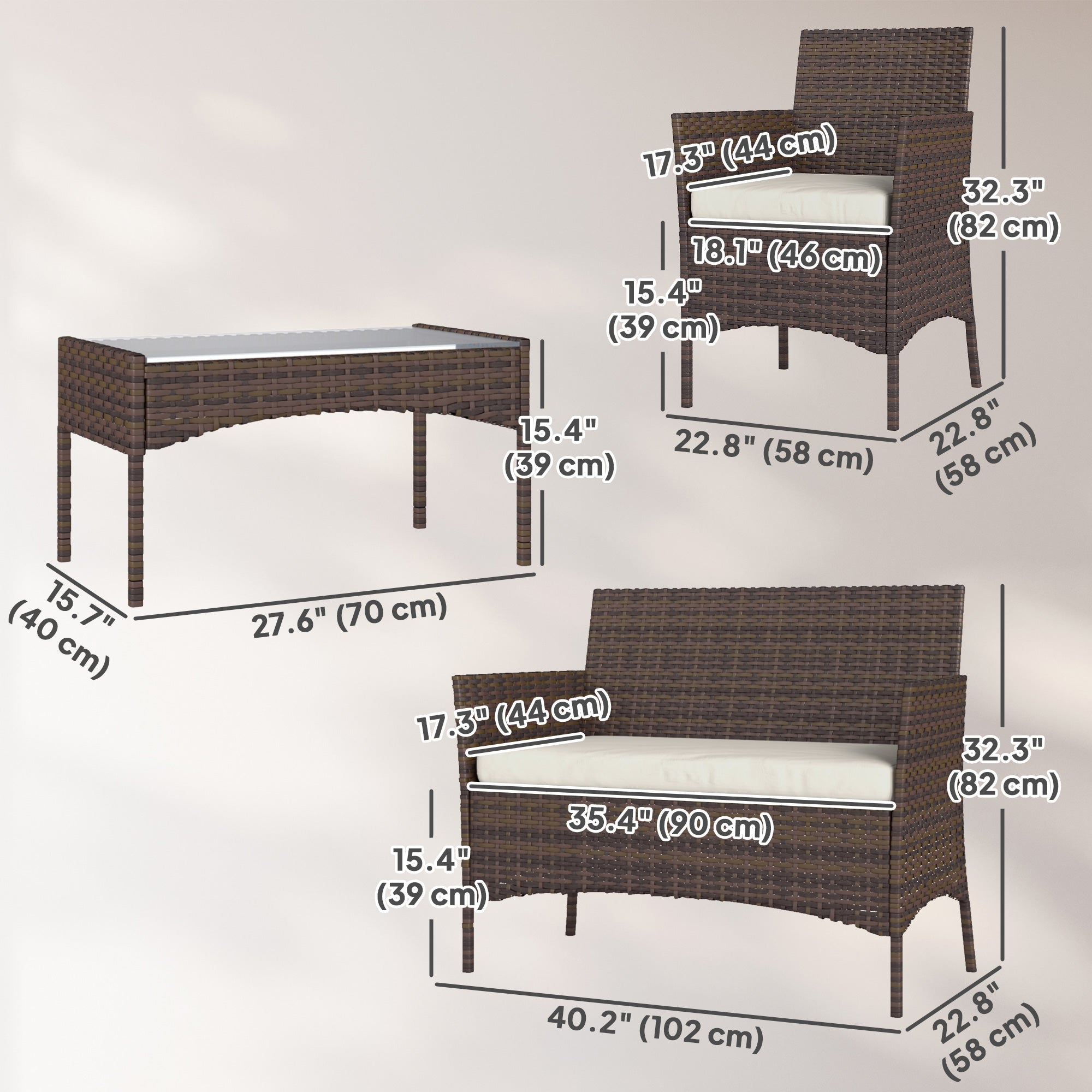 Outsunny 4 Pieces Wicker Outdoor Balcony Furniture Set Rattan Patio Furniture Set with Loveseat Chairs Glass Coffee Table Beige