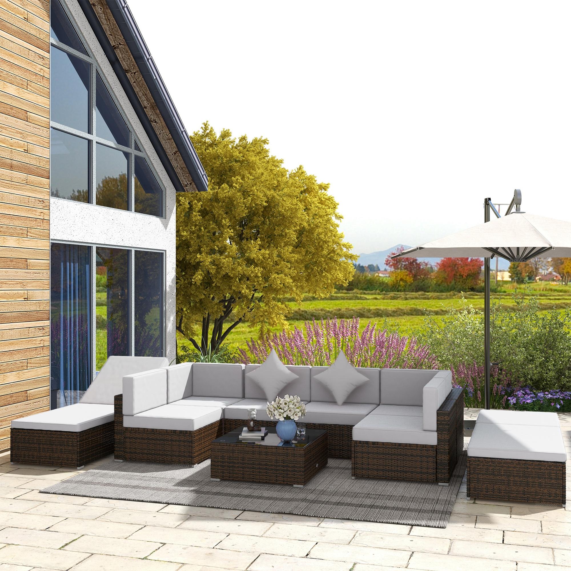 Outsunny 9 Pieces Wicker Patio Furniture Set with Cushion, Light Grey