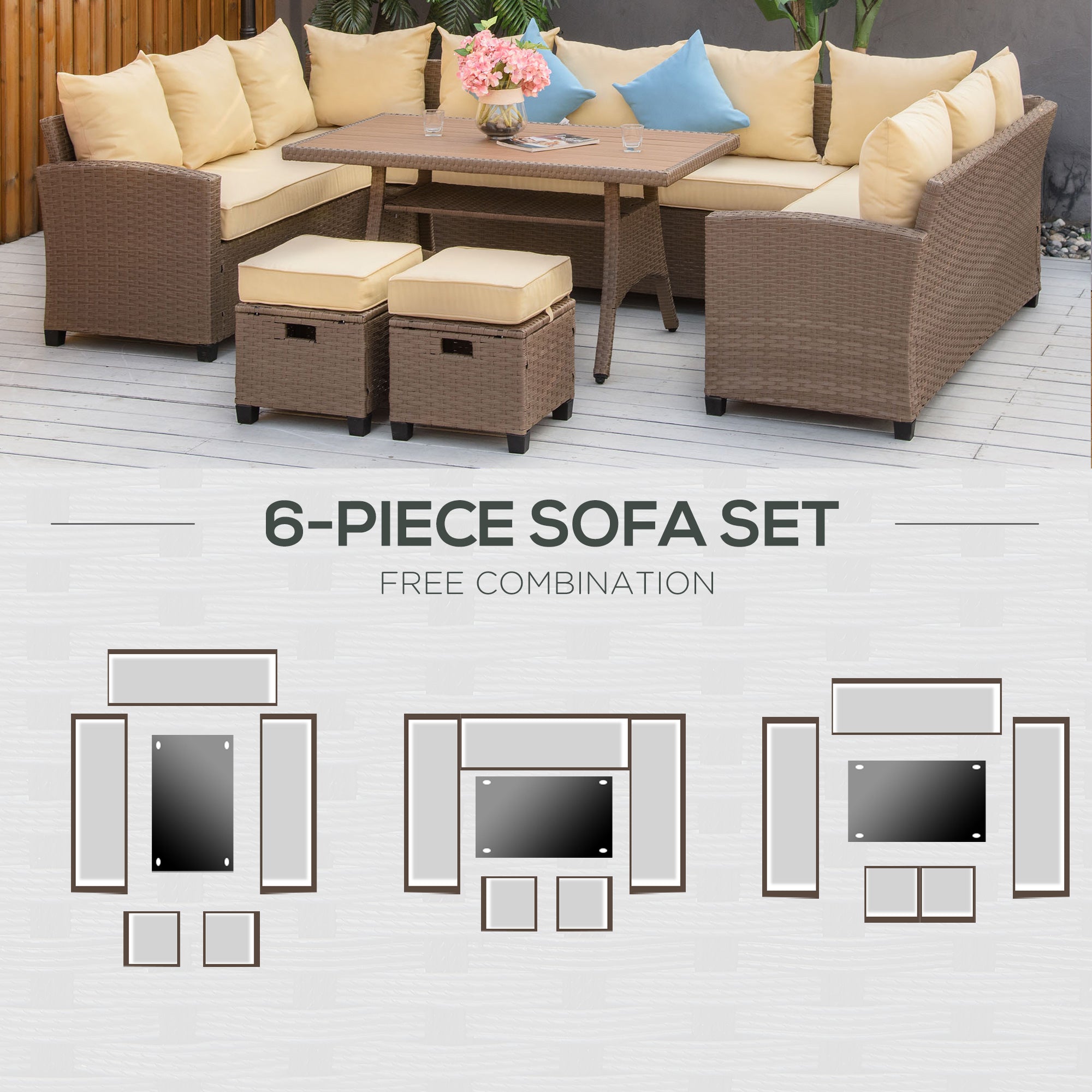 Outsunny 6 Pieces Patio Furniture Set, Outdoor Wicker Sofa Set, All Weather PE Rattan Conversation Furniture, with Strip Wood Grain Plastic Coffee Table & Cushions, Khaki