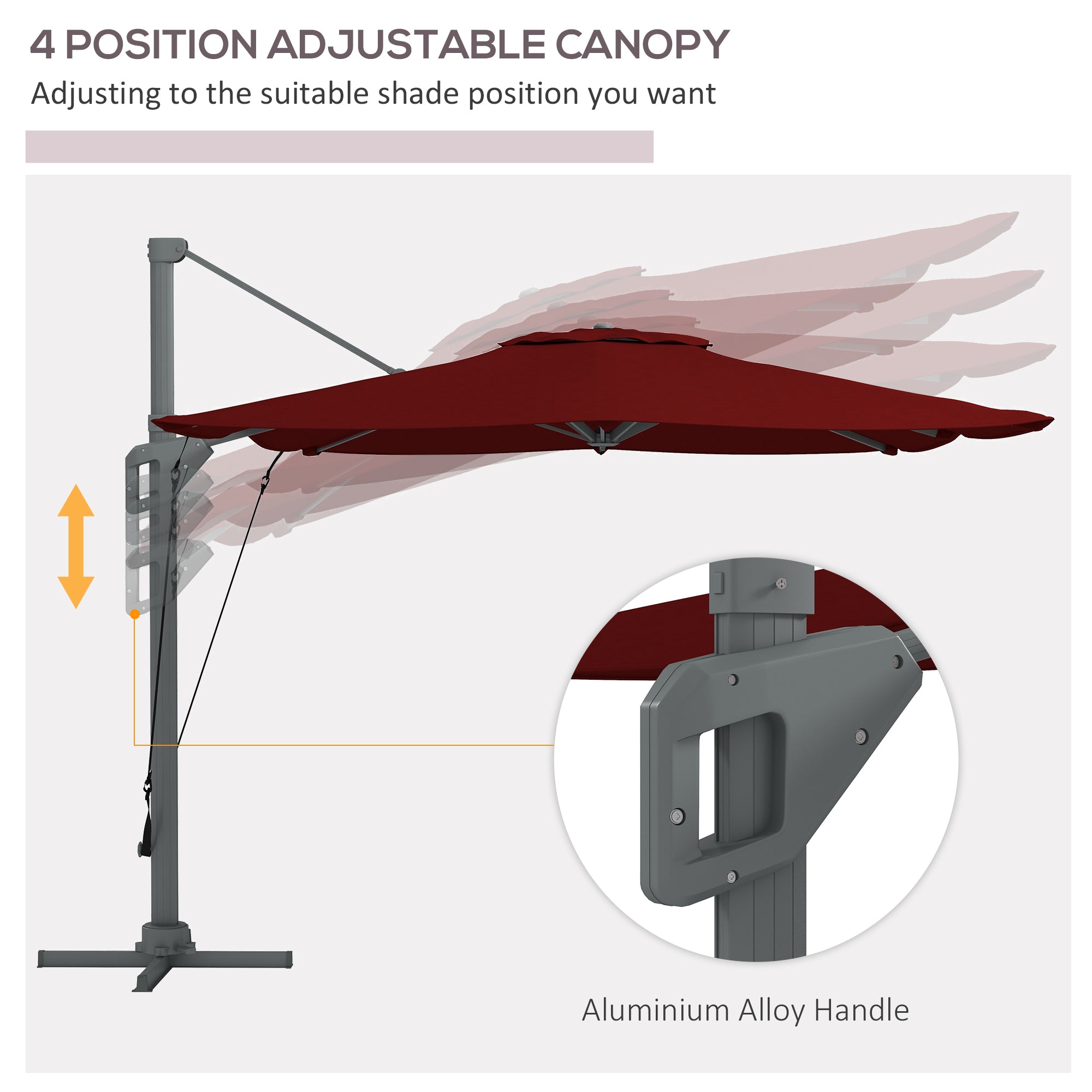 Outsunny 13 FT Cantilever Umbrella, Aluminum Hanging Offset Umbrella with 360°Rotation, Crank, Tilt, Cross Base, Red