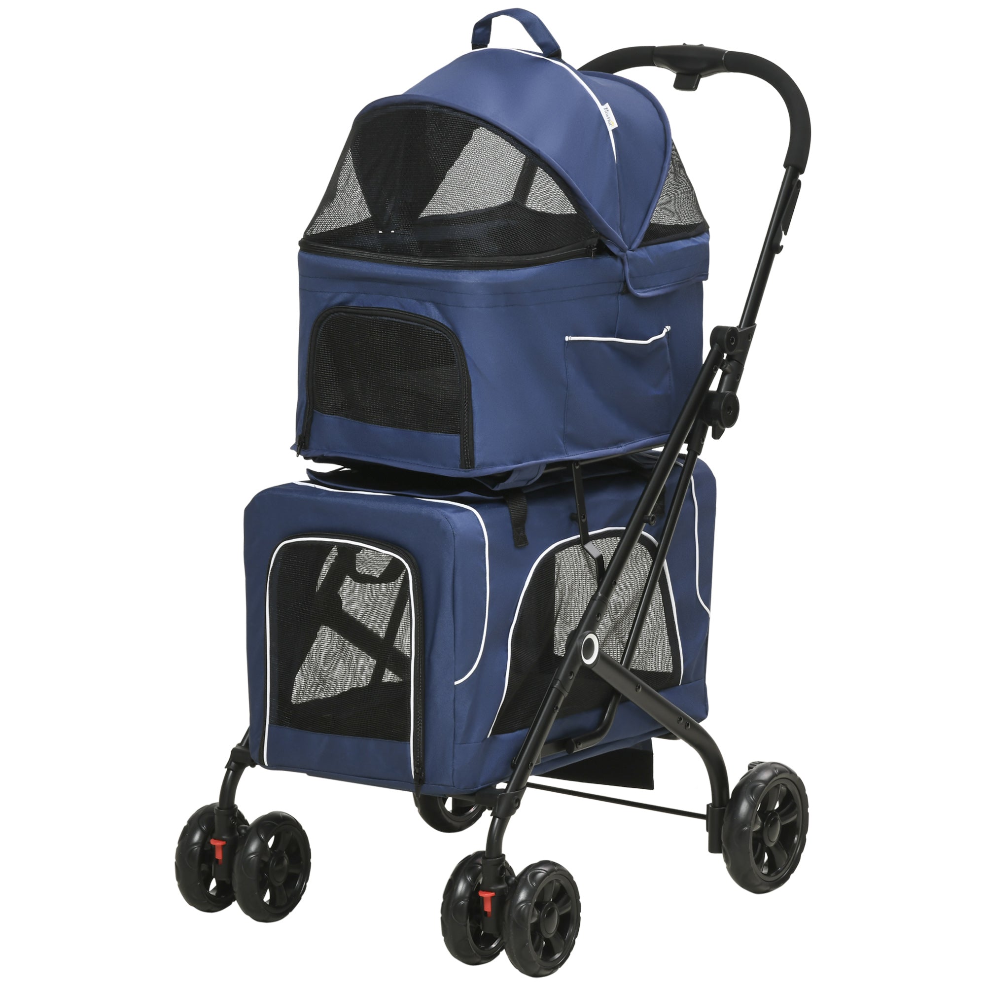 PawHut 3-in-1 Double Pet Stroller for Small Miniature Dogs Cats with Removable Carrier, Foldable Travel Carrier Bag, Car Seat, Blue