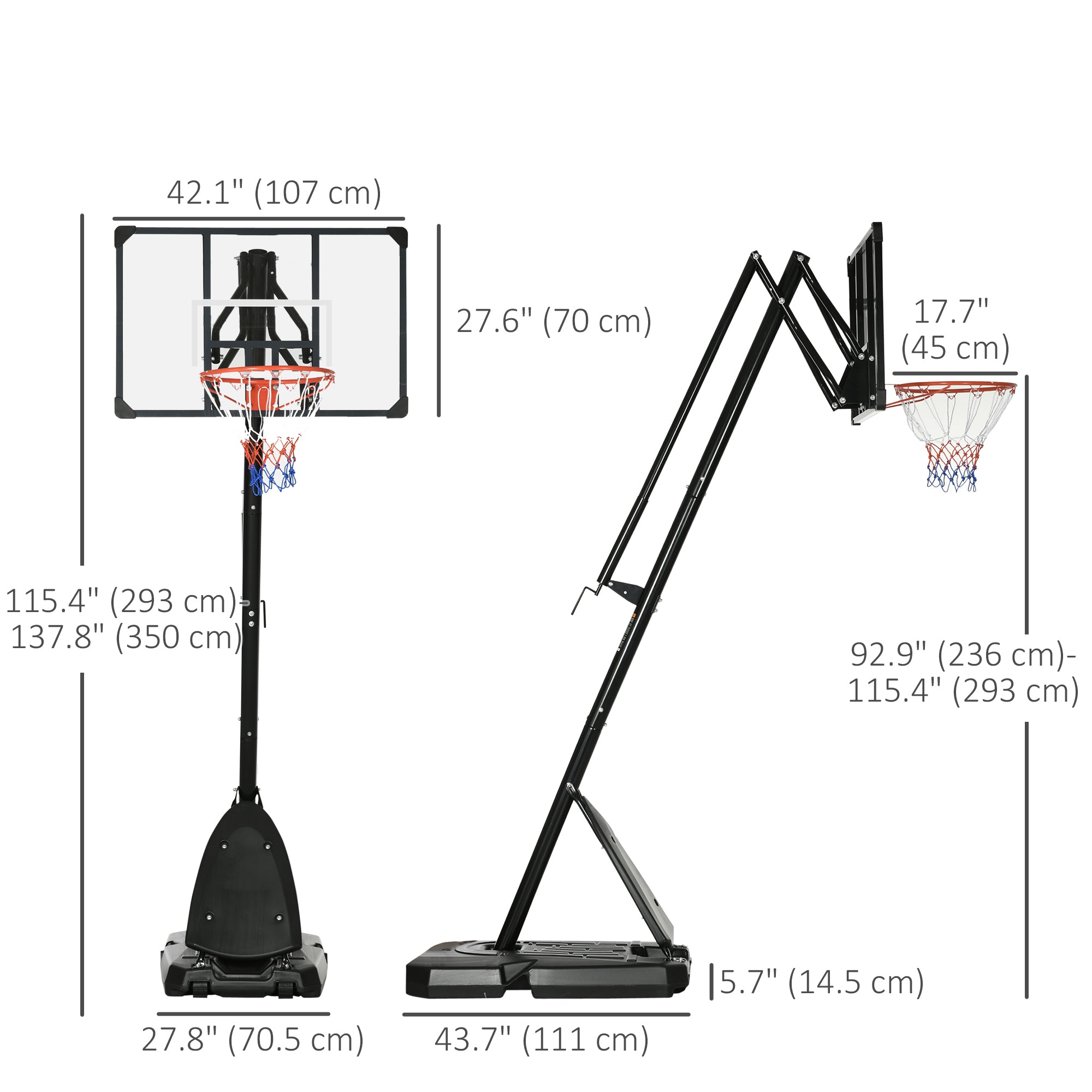 Soozier Outdoor Portable Basketball Hoop and Stand with Backboard Weighted Base Wheels, 115.4"-137.8" Height Adjustable