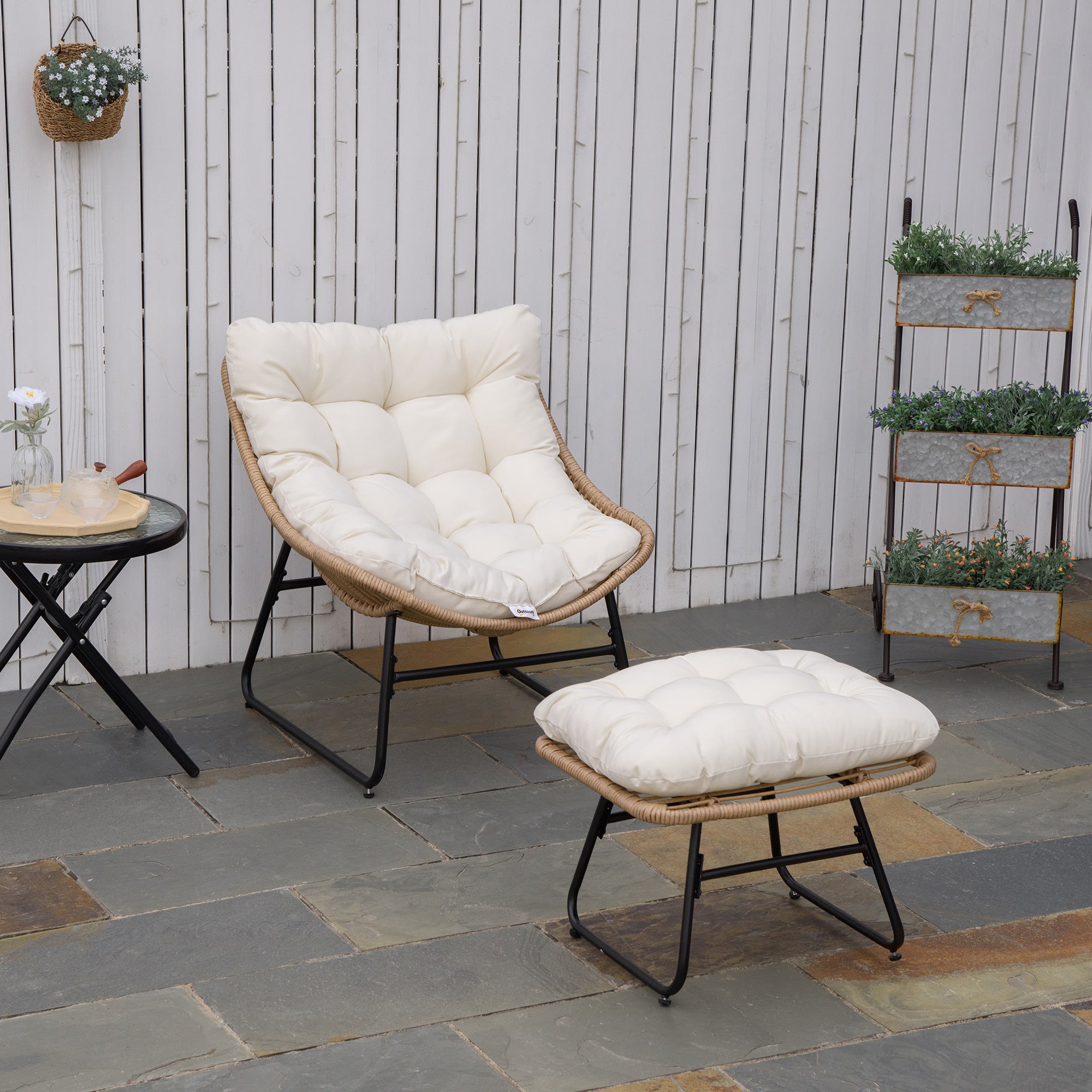 Outsunny Rattan Chair w/ Stool, Cushion, Adjustable Foot Pads, Natural