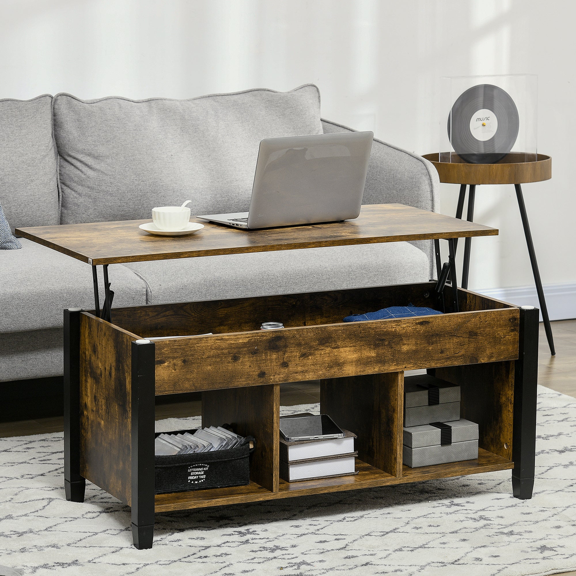HOMCOM Lift Top Coffee Table with Hidden Storage Compartment and 3 Lower Shelves, Pop-Up Center Table for Living Room, Rustic Brown