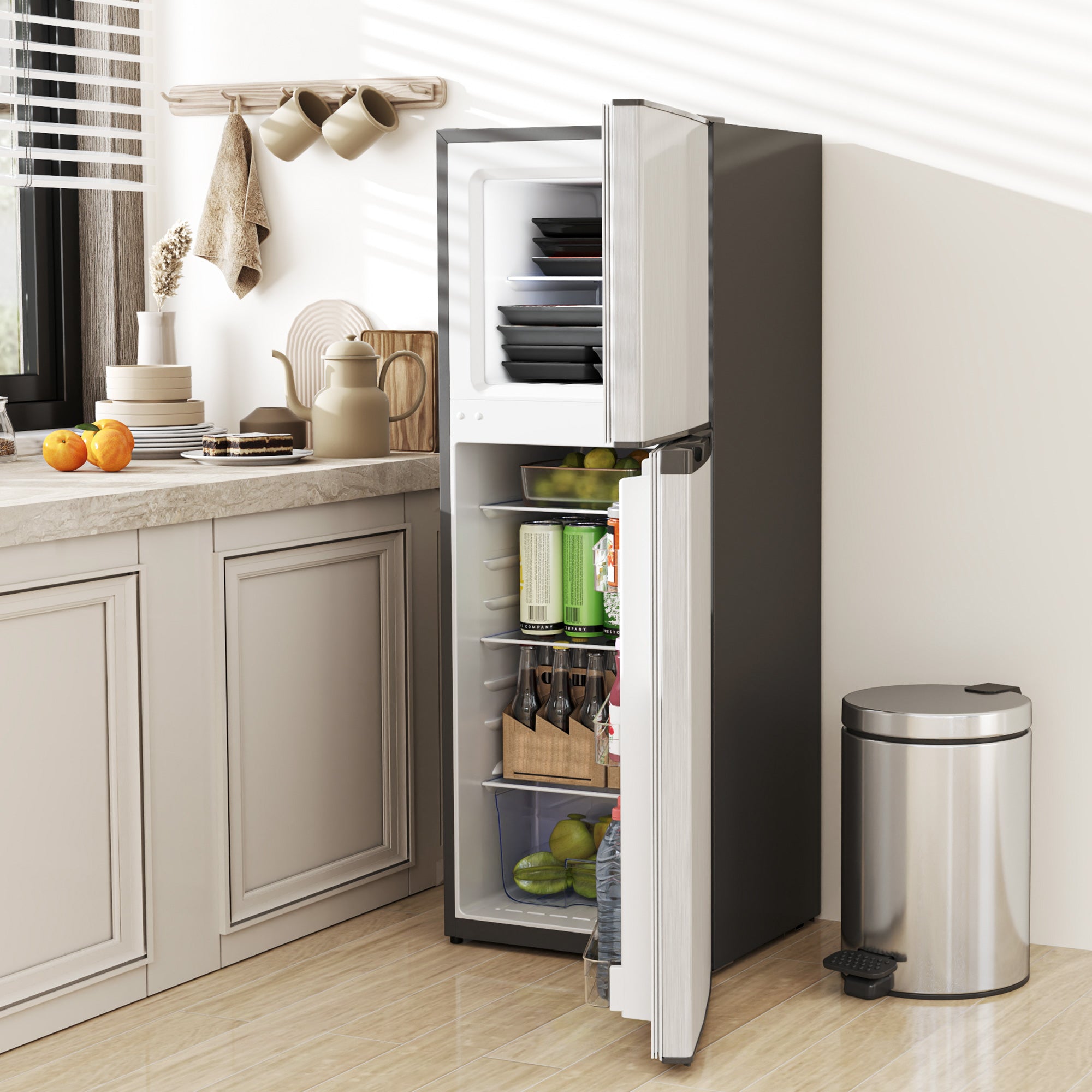 HOMCOM Double Door Mini Fridge with Freezer, 4.6 Cu.Ft Small Refrigerator with Thermostat, Shelves, Reversible Door, Silver