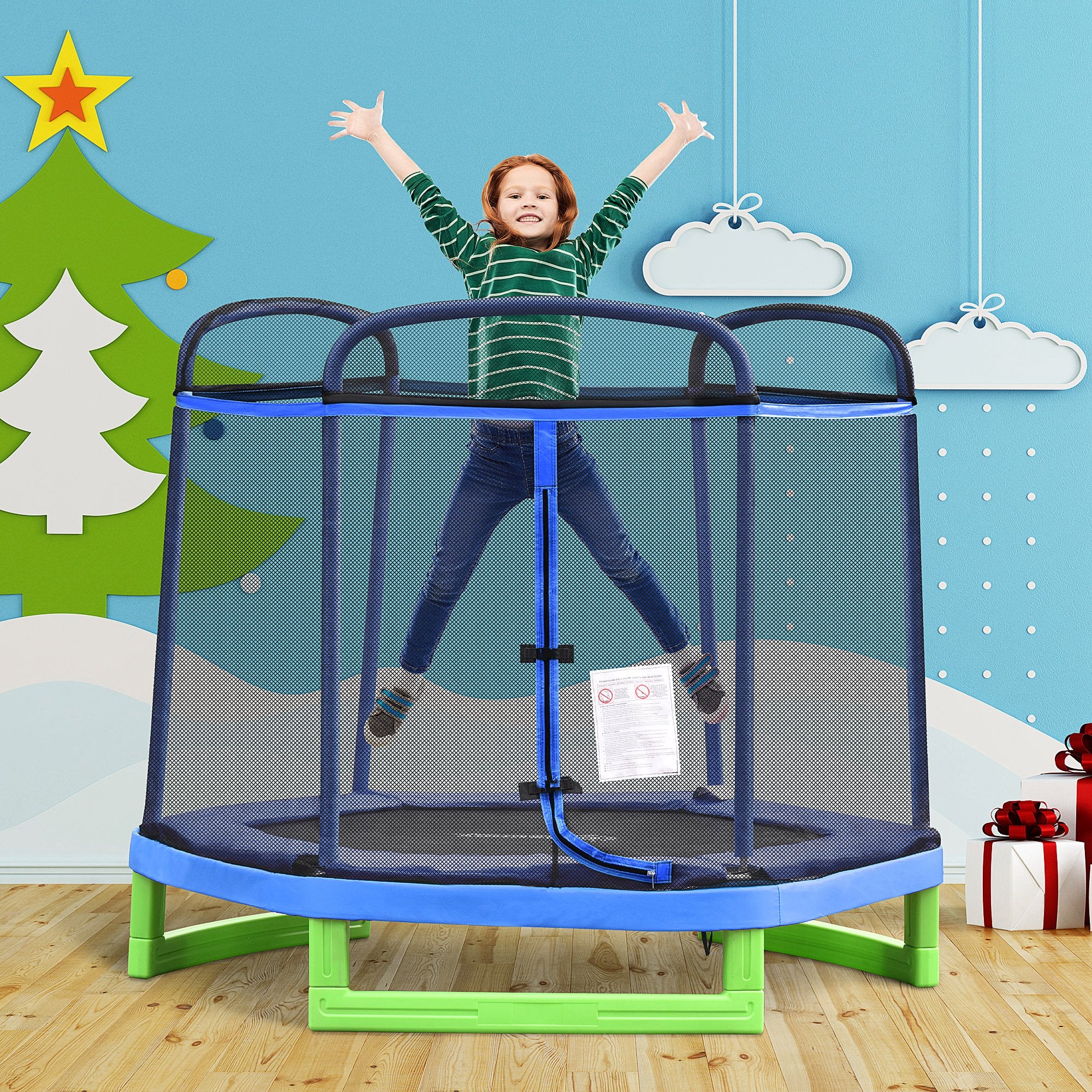 Outsunny 84.75" Kids Trampoline 7 FT Indoor Outdoor Trampolines with Safety Net Enclosure Built-in Zipper Padded Covering, for Boys and Girls, Blue