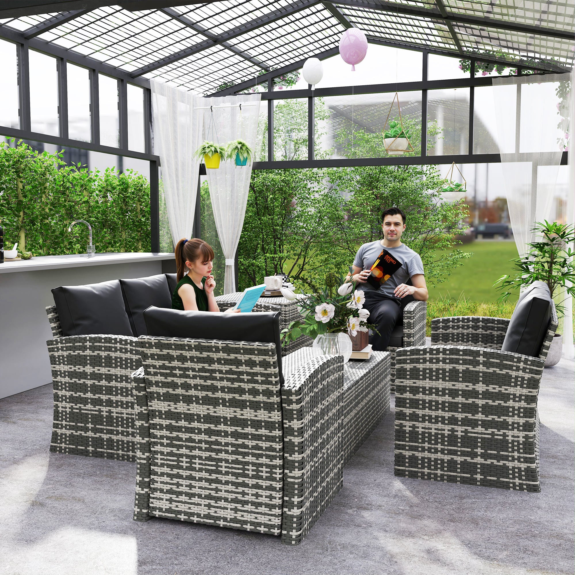 Outsunny 6 Pieces Wicker Patio Furniture Set with Cushions, 7-Seater Rattan Patio Sofa Set with Storage Coffee Table & Side Table, Sectional Outdoor Furniture Set, Black