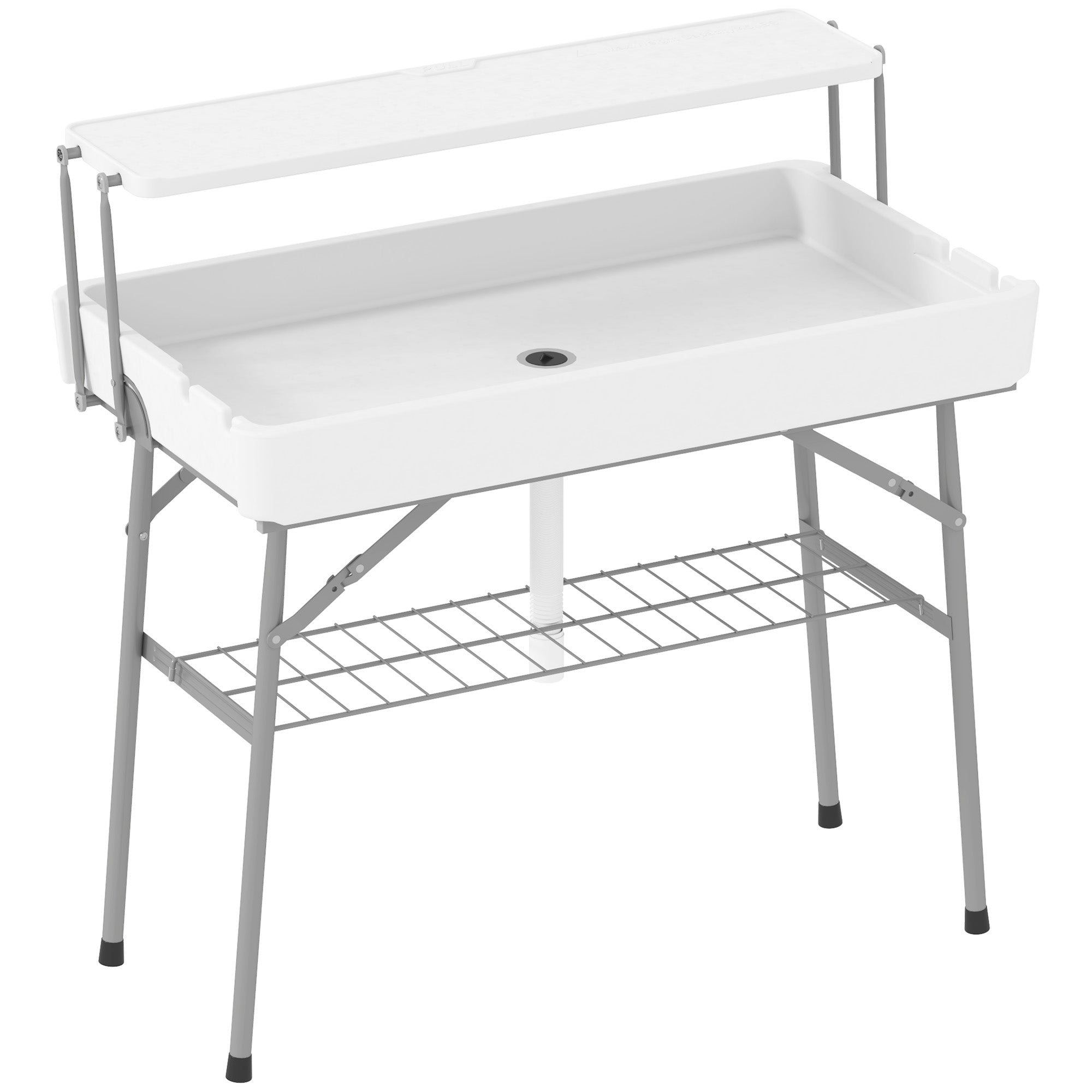 Outsunny 3.5ft Folding Ice Cooler Table with Drain, 2-Tier Outdoor Patio Party Cooler, Fishing Cleaning Table with Storage Shelf for Picnic BBQ Camping Wedding, White