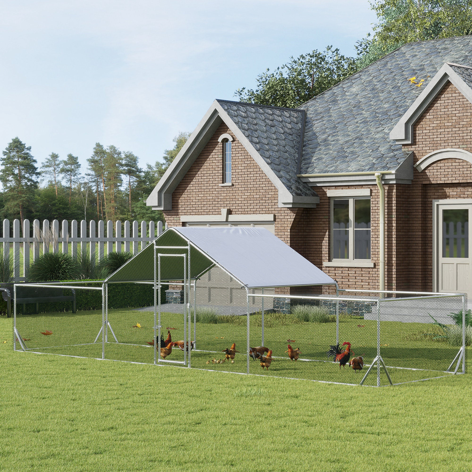 PawHut Chicken Run, 23' x 6.6' Metal Chicken Coop with Waterproof and Anti-UV Cover, Spire Roof, Door, for 12-14 Chickens, Ducks, Rabbits, Sliver