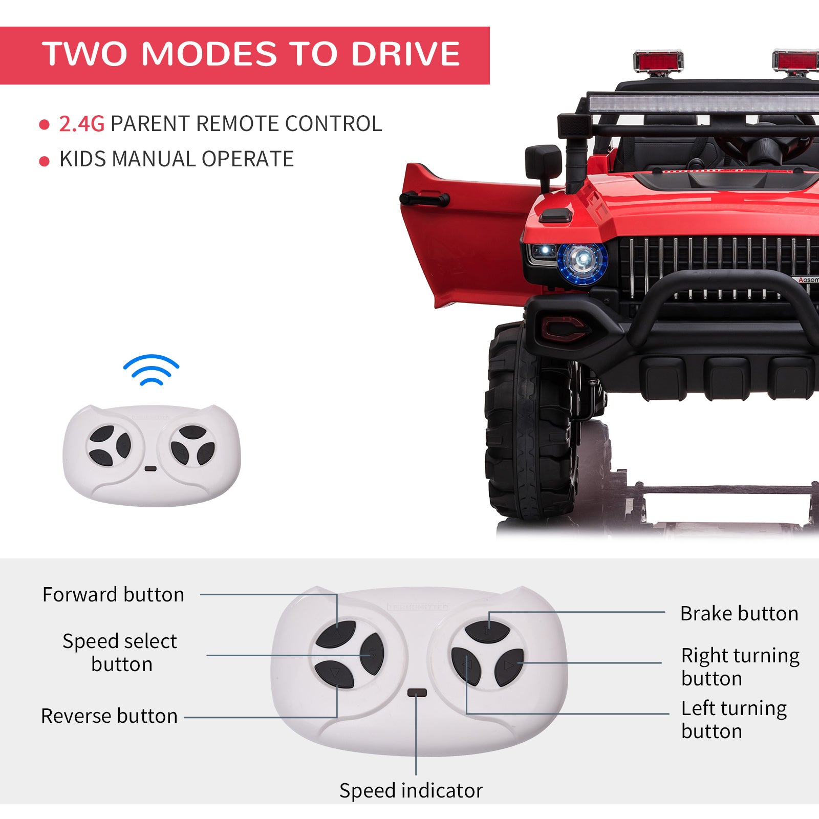 Aosom 2-Seater Kids Ride On Police Car, 12V 7AH Remote Control Police Truck Electric Car for Toddlers with LED Lights, Big Off-road Wheels, 4 Shock Absorbers, MP3, Storage, Red