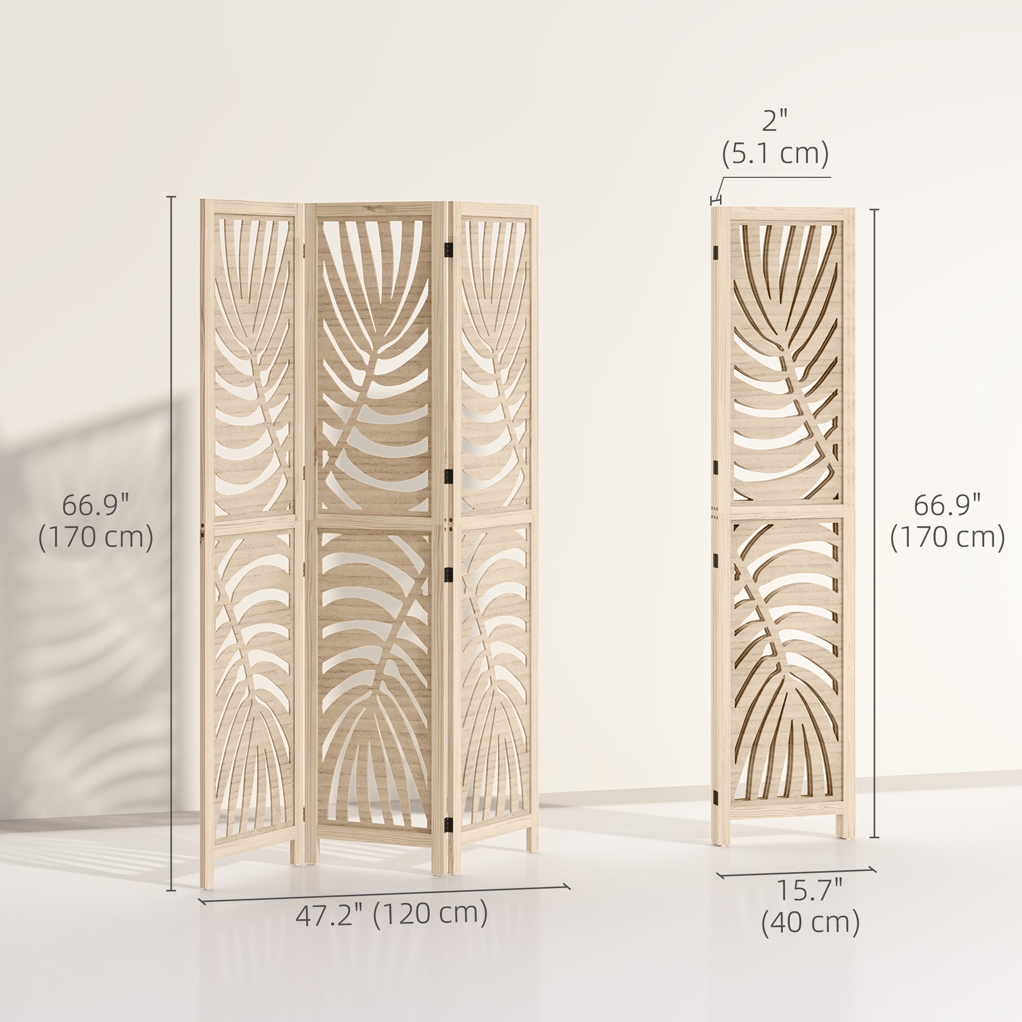 HOMCOM 3 Panel Room Divider, Detachable Folding Privacy Screens with Palm Leaf Design for Home Office, Natural Wood Finish