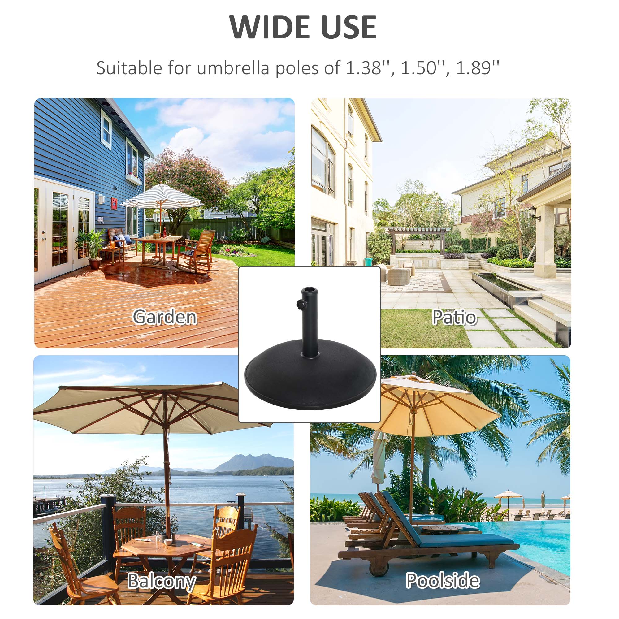 Outsunny 55 lbs Cement Umbrella Base Holder 20" Heavy Duty Round Parasol Stand for Patio, Outdoor, Backyard, Black